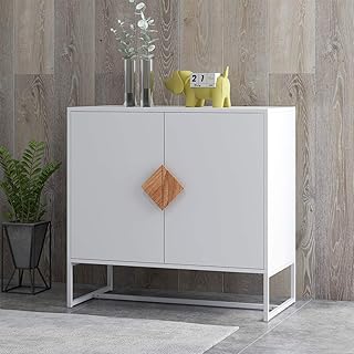Sideboard RASOO 2 Doors White Modern Kitchen Buffet Storage Cabinet Cupboard Furniture with Solid Wood Square Handles and ...