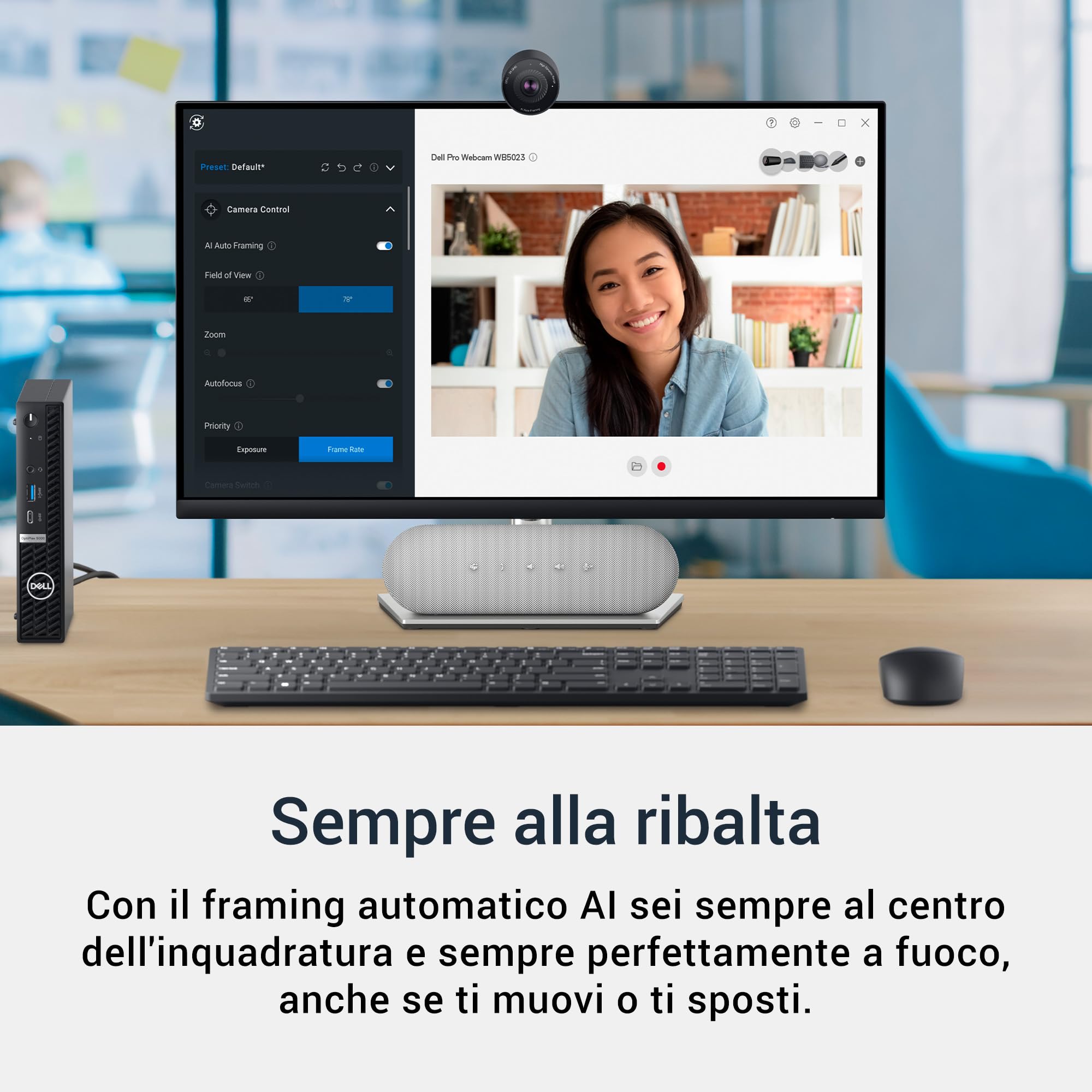 Dell Pro Webcam WB5023 Webcam 2K QHD, HDR, AI Auto Framing, Microfono con Riduzione del Rumore, Certificata per Microsoft Teams e Zoom, Compatibile con Windows e Mac Nero