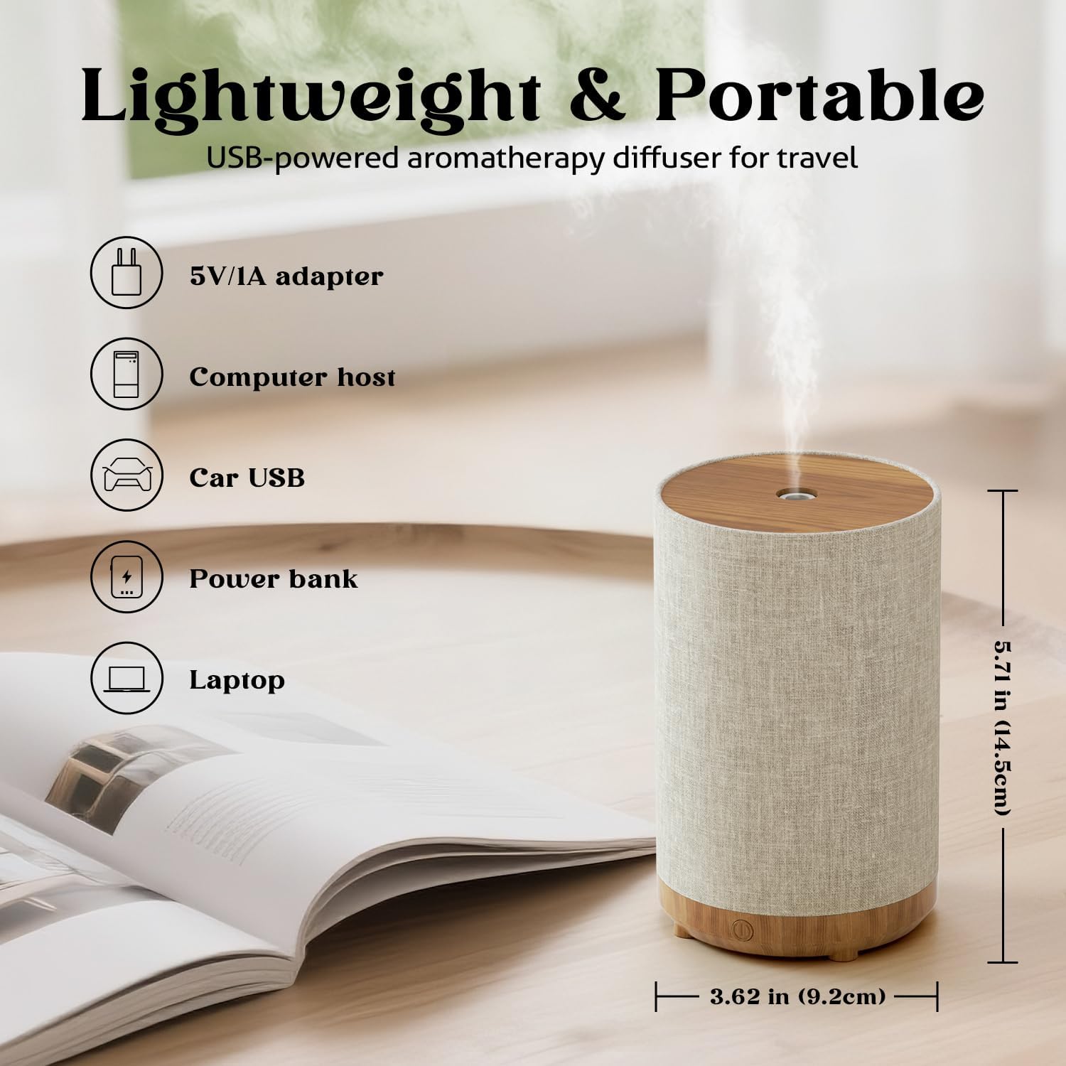 Essential Oil Diffuser with Fabric Cover, Small Portable Aroma Diffuser 120ml, Ultrasonic Aromatherapy Oil Diffuser with 8 Colors LED, Auto Shut-Off Function, Mini Humidifier for Bedroom Home - Image 6