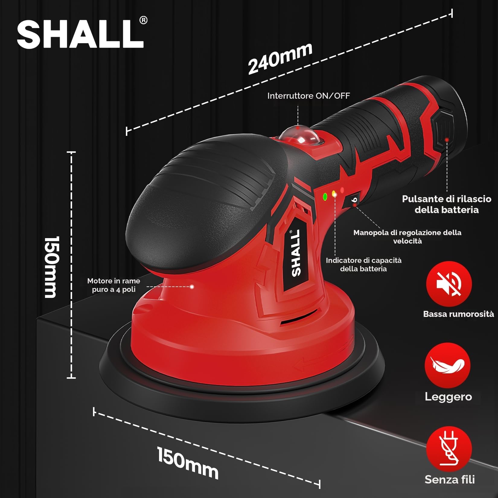 SHALL- Lucidatrice Auto Senza Fili, Lucidatrice a Batteria 6 Pollici， 2500-5000RPM 6 velocità Variabili con 2 Batterie, Kit per lucidatura auto 27 pezzi, per auto