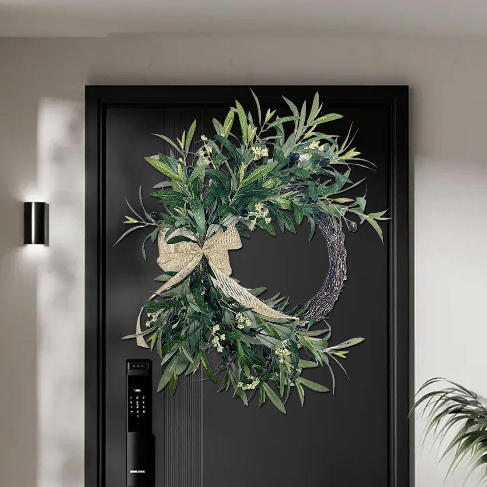 Corona Navideña de Olivo Artificial, Material Plástico, Lazo Decorativo con Flores Simuladas, Ideal para Ocasiones Festivas y Hogares