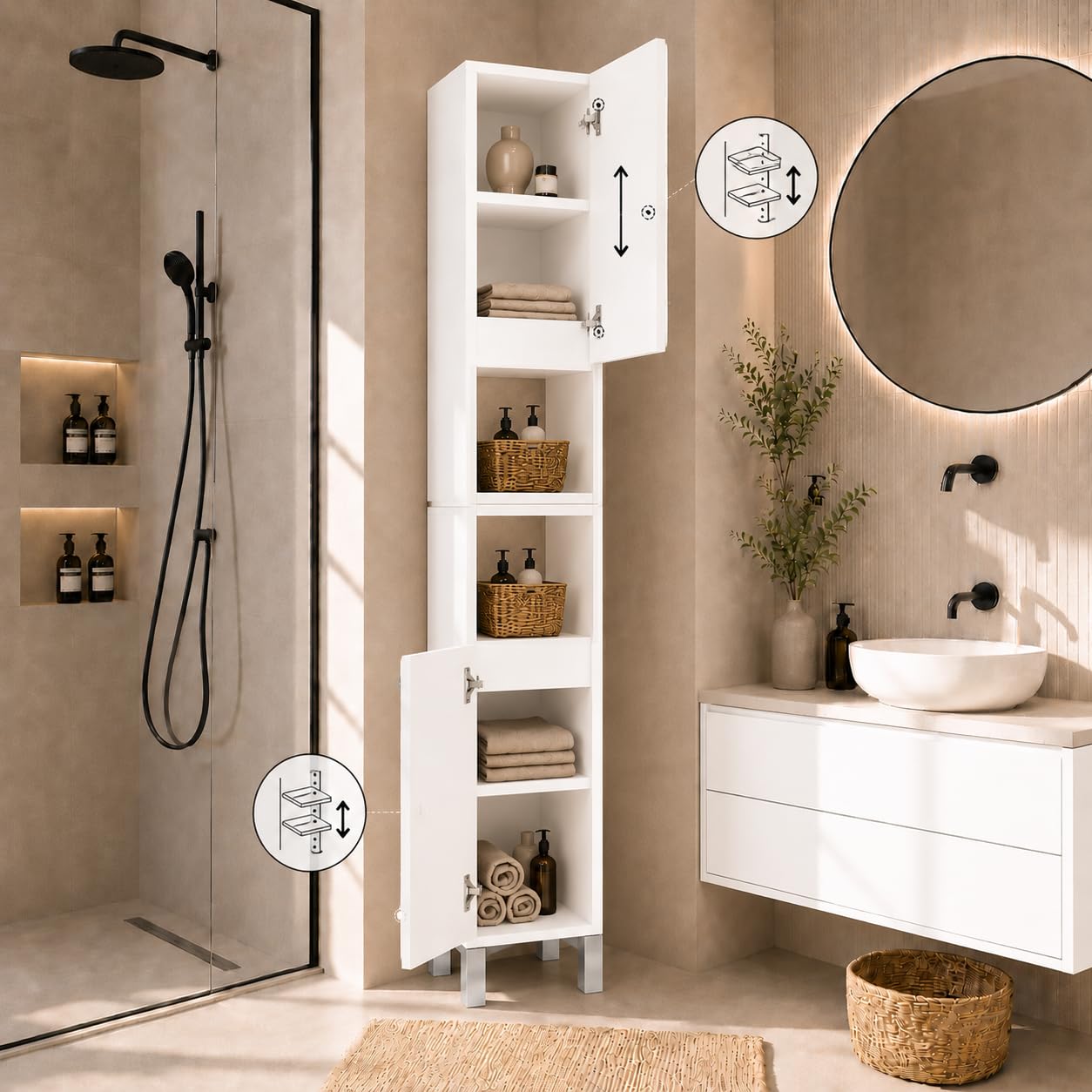 Badezimmerschrank Stehend Ariza, Hochglanz Weiß, MDF 18 mm, Soft-Close Türen, 6 Regale, 161 x 28 x 25 cm, Midischrank, Gäste WC & Bad für Kosmetik, Hängend, Links rechts