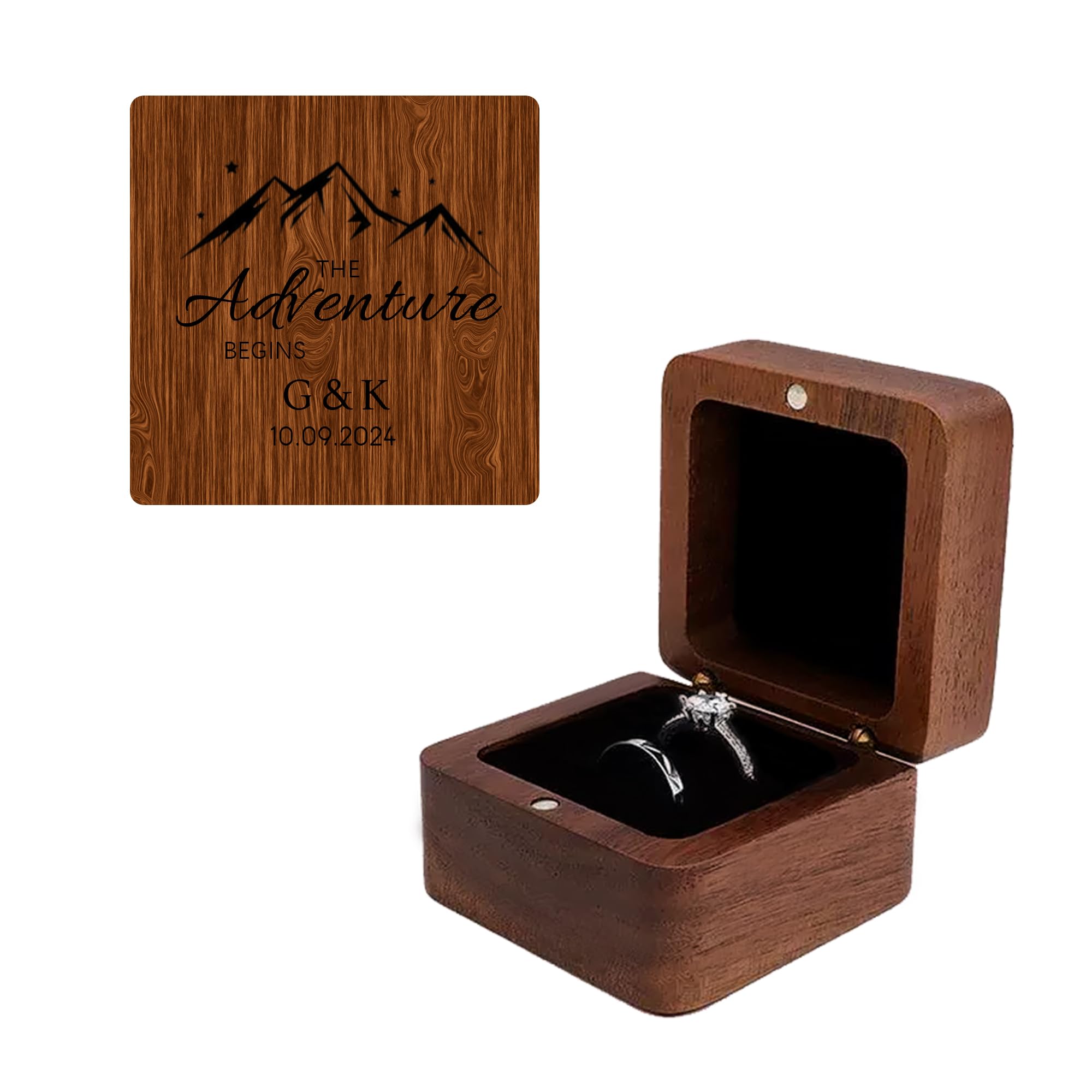 Customized Small Walnut Ring Box for Wedding, Personalized Engraved Flip Wooden Ring Box with 2 Slots, Vintage Wooden Jewelry Boxes for Proposal, Engagement, Wedding Ceremony (Square)