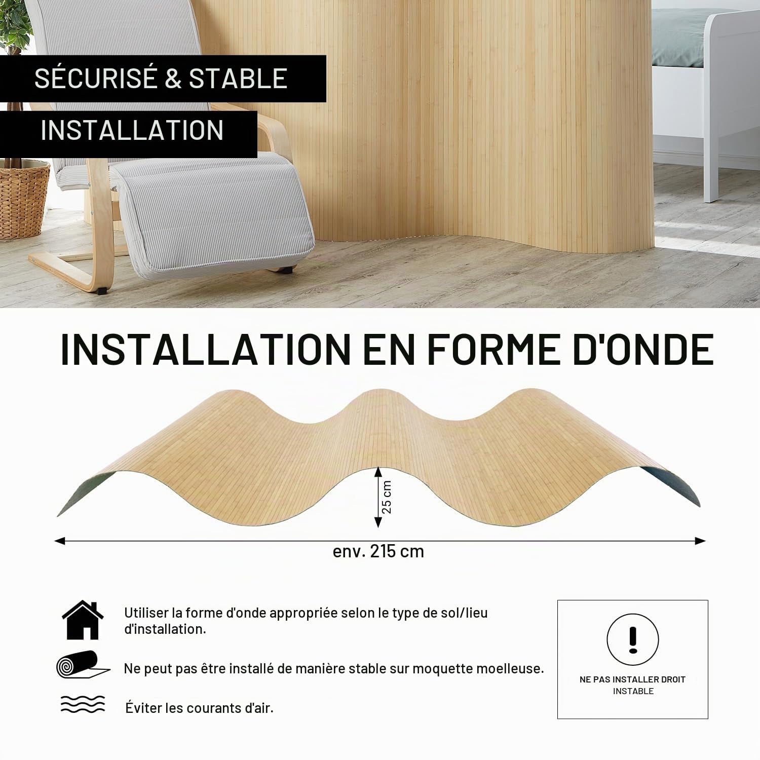 Homestyle4u Paravent en bambou naturel - En forme de vague - 145 cm de haut - Pliable - Brise-vue - Pour appartement, bureau à domicile - Cloison de séparation - Article 3140