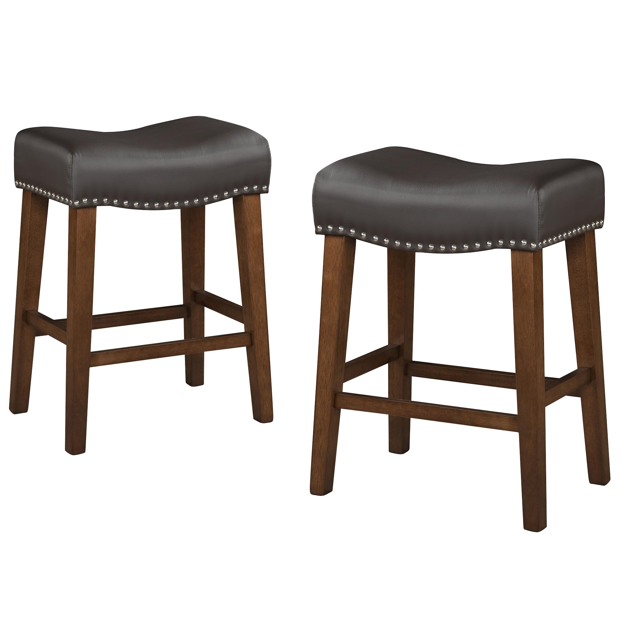 24" Backless Bar Stools Set of 2 - Counter Height Barstools with Faux Leather Upholstered Saddle Seat, Modern Wood Backless Bar Stools for Kitchen Island, Brown