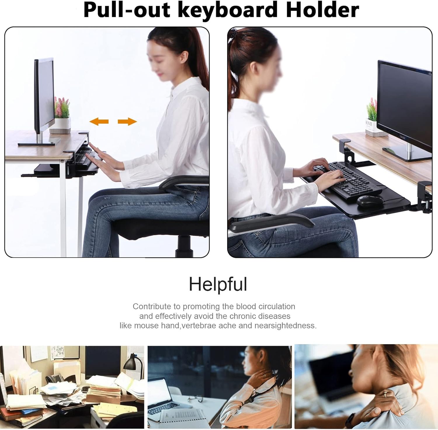 ホームオフィス用調節可能キーボードトレイ - 穴あけ不要、スライド式キーボードプラットフォーム、クランプ式の高さ調節可能なデスクエク キーボード  クランプ スライダー、キーボードトレイ スライド式 机の下キーボードスライダー、後付け キーボードスライダー ... ホームオフィス用の調節可能なキーボード トレイ クランプ - 人間工学に基づいたデスク下のスライド式キーボード プラットフォームで作