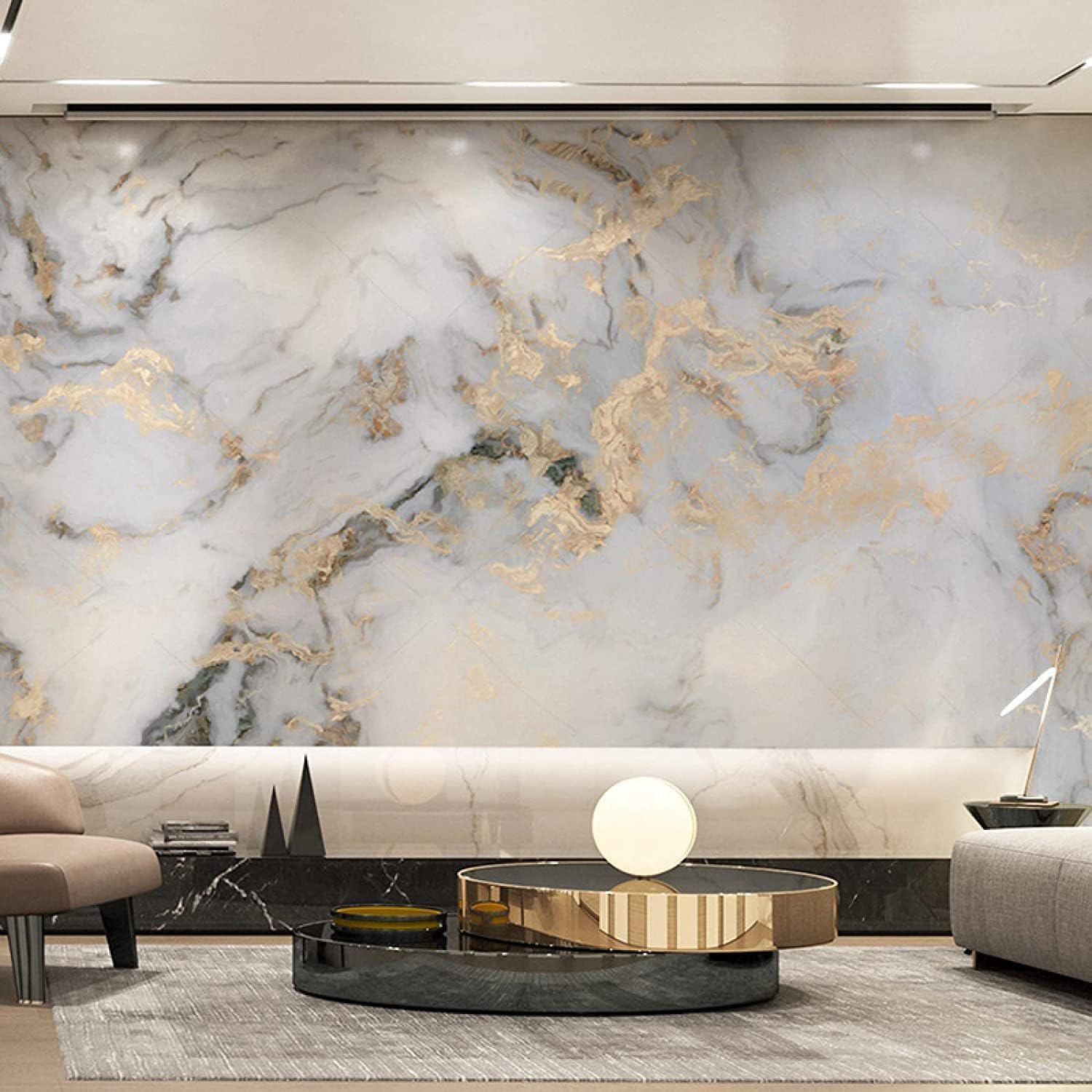 White Gilt 3D Wall Murals, Marble Photos Peel and Stick Wallpaper