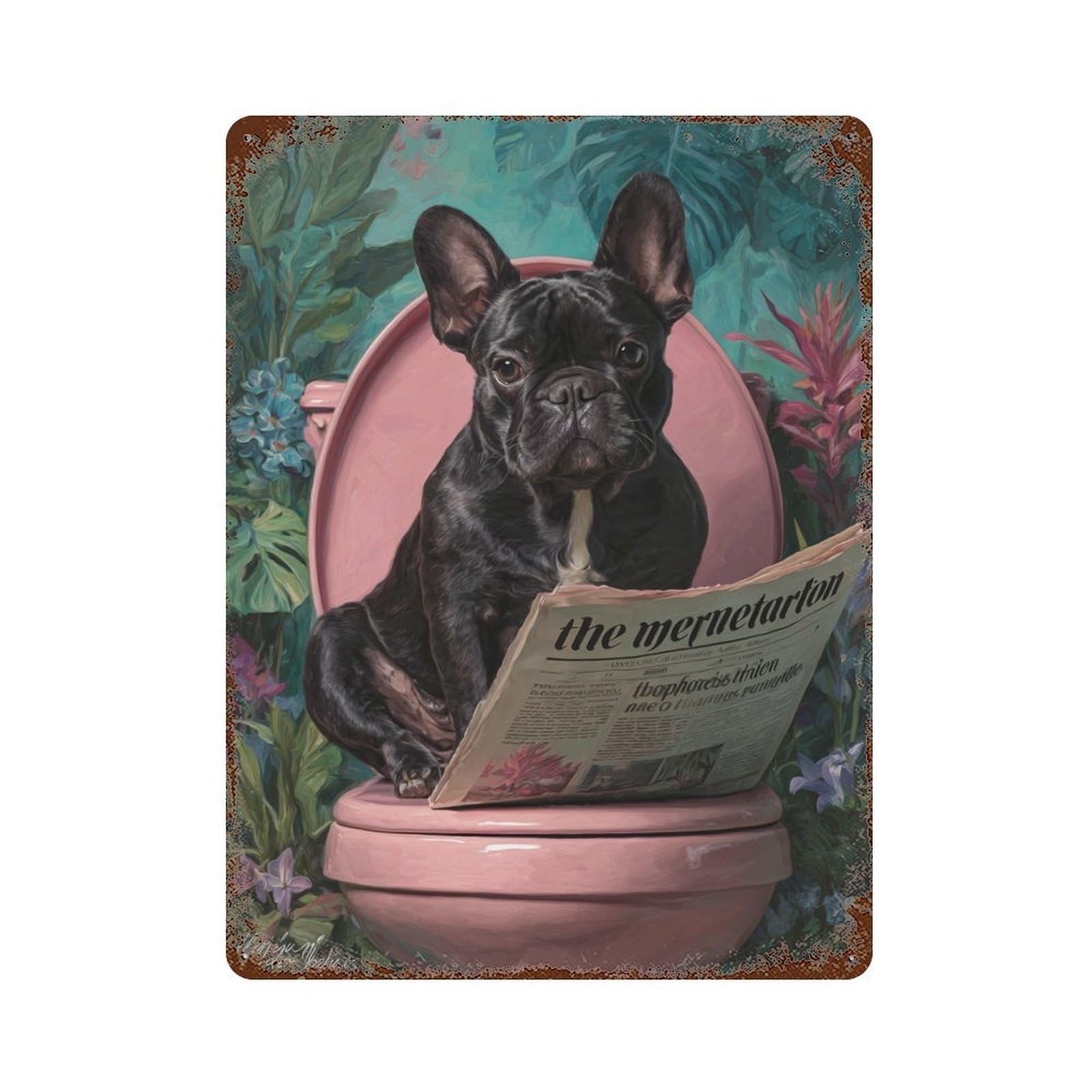 Garage Style French Bulldog Reading Newspaper -5 Decorative Tin Sign 15.7"x11.8", Shabby Chic Decor for Bar And Workshop