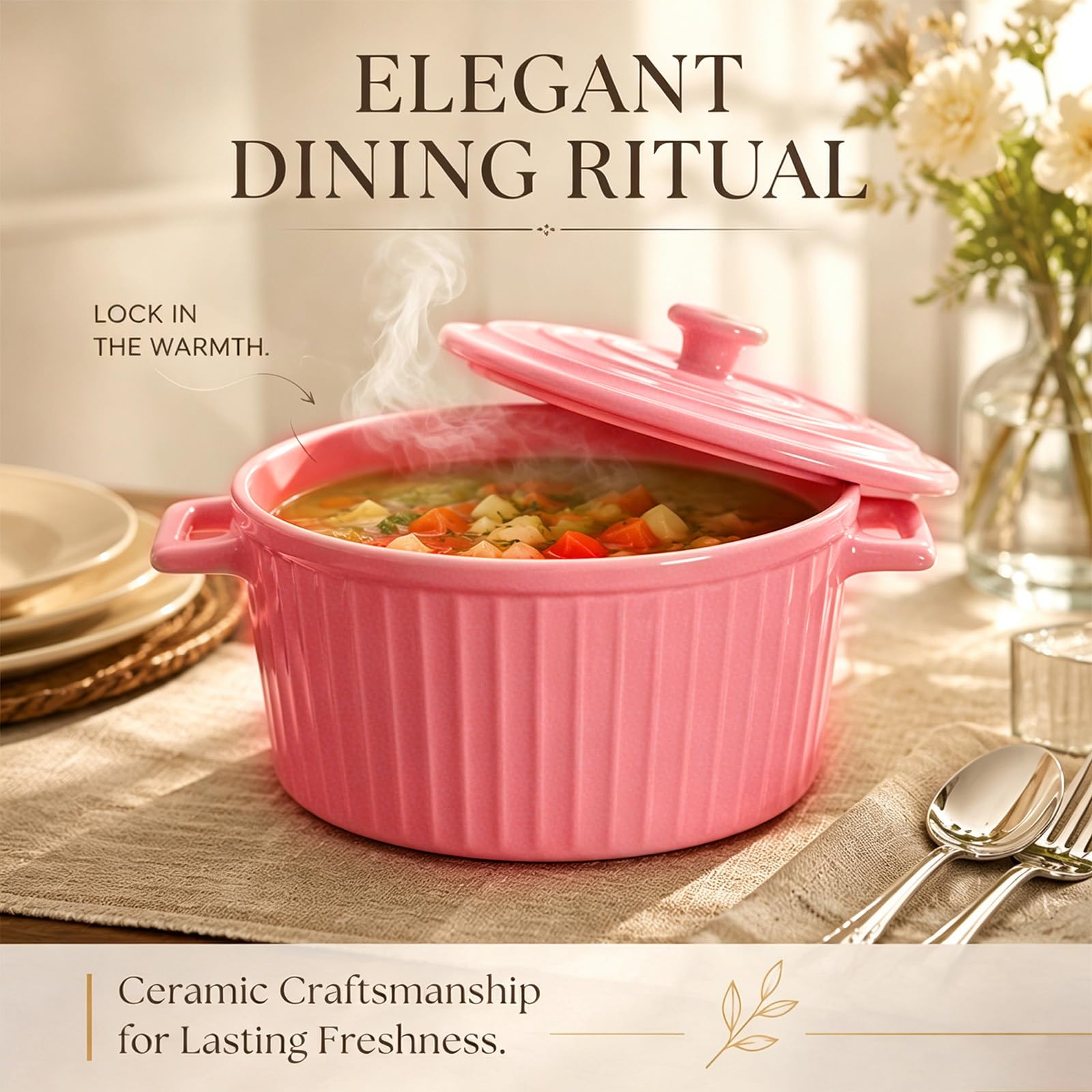 Plat à Gratin en Céramique avec Couvercle, 1,2L, Mini Cocotte avec Poignées, Grand Bol pour Lasagnes, Ramen, Pâtisserie, Moules Ronds pour Four, Micro-ondes, Rose Framboise