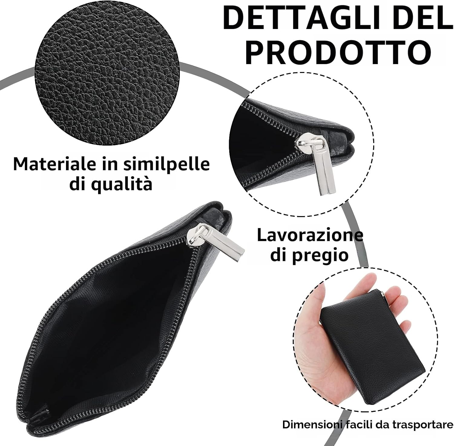 2Pezzi Portamonete Modello Litchi, Cerniera in Pelle Portamonete