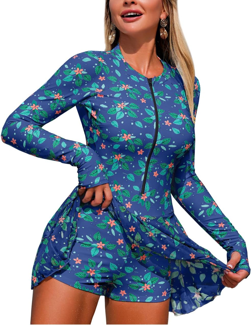 YATEEN Womens Long Sleeve Rash Guard One Piece Boyleg Swimsuit Zipper Swim Dress Skirted Swimsuit Swim Shirt