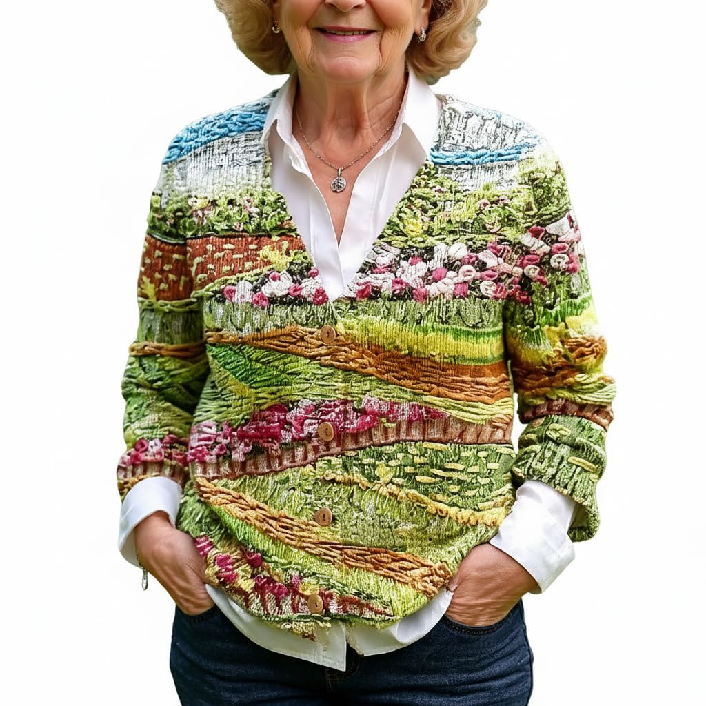TIAFORD Womens Boho Knitted Cardigan Art Print V-Neck Button-Down Loose Casual Sweater for Daily Wear