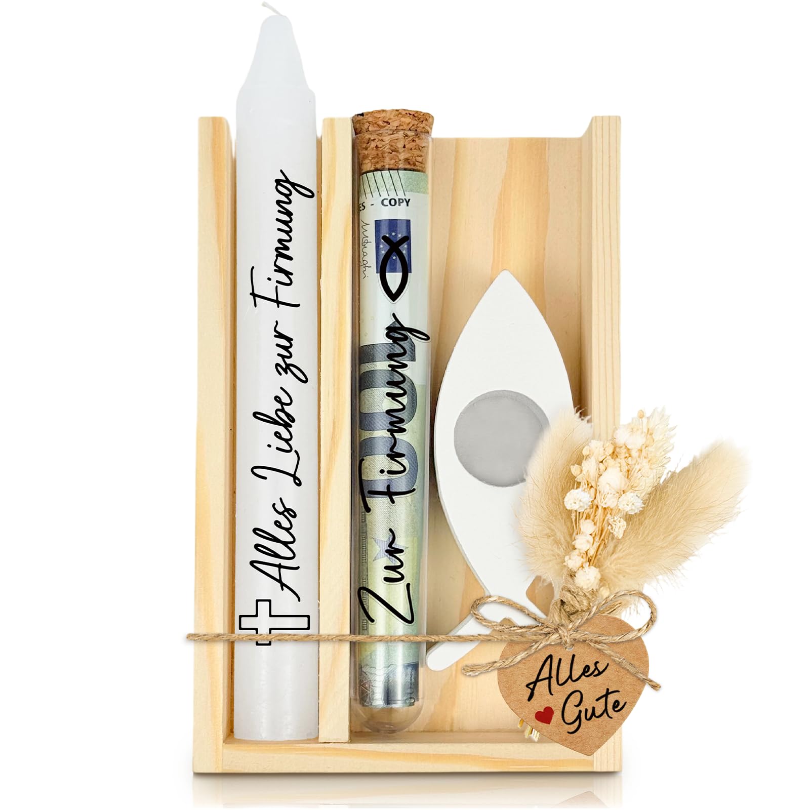 Geschenk Firmung Geschenke Mädchen Jungen, Geldgeschenk Firmung Tischdeko Firmgeschenk Mädchen Geschenkset, Stilvolles Firmungsset mit Fisch Kerzenständer und Holzverpackung