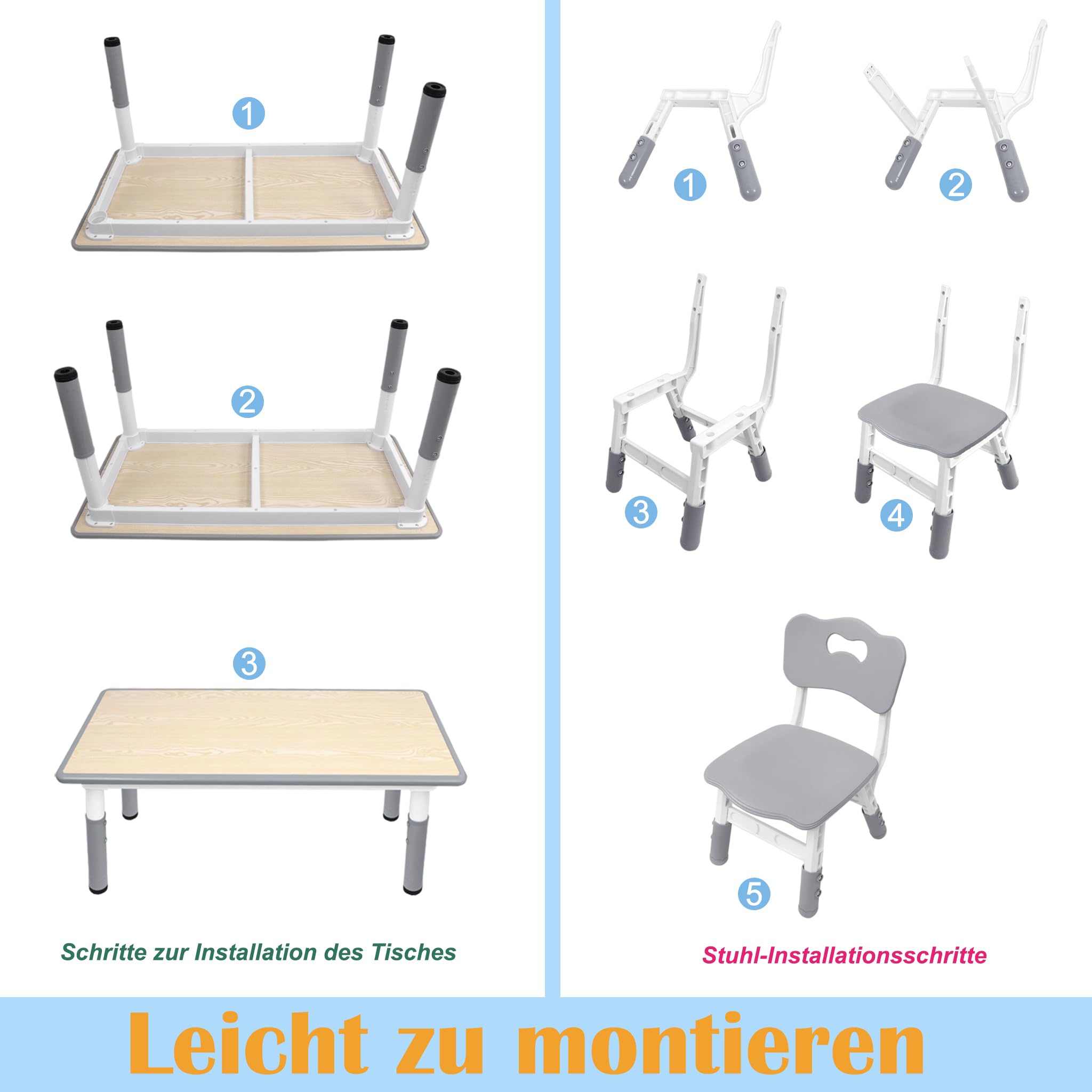 Aufun Tavolo per bambini con set di 4 sedie, dinette regolabile in altezza