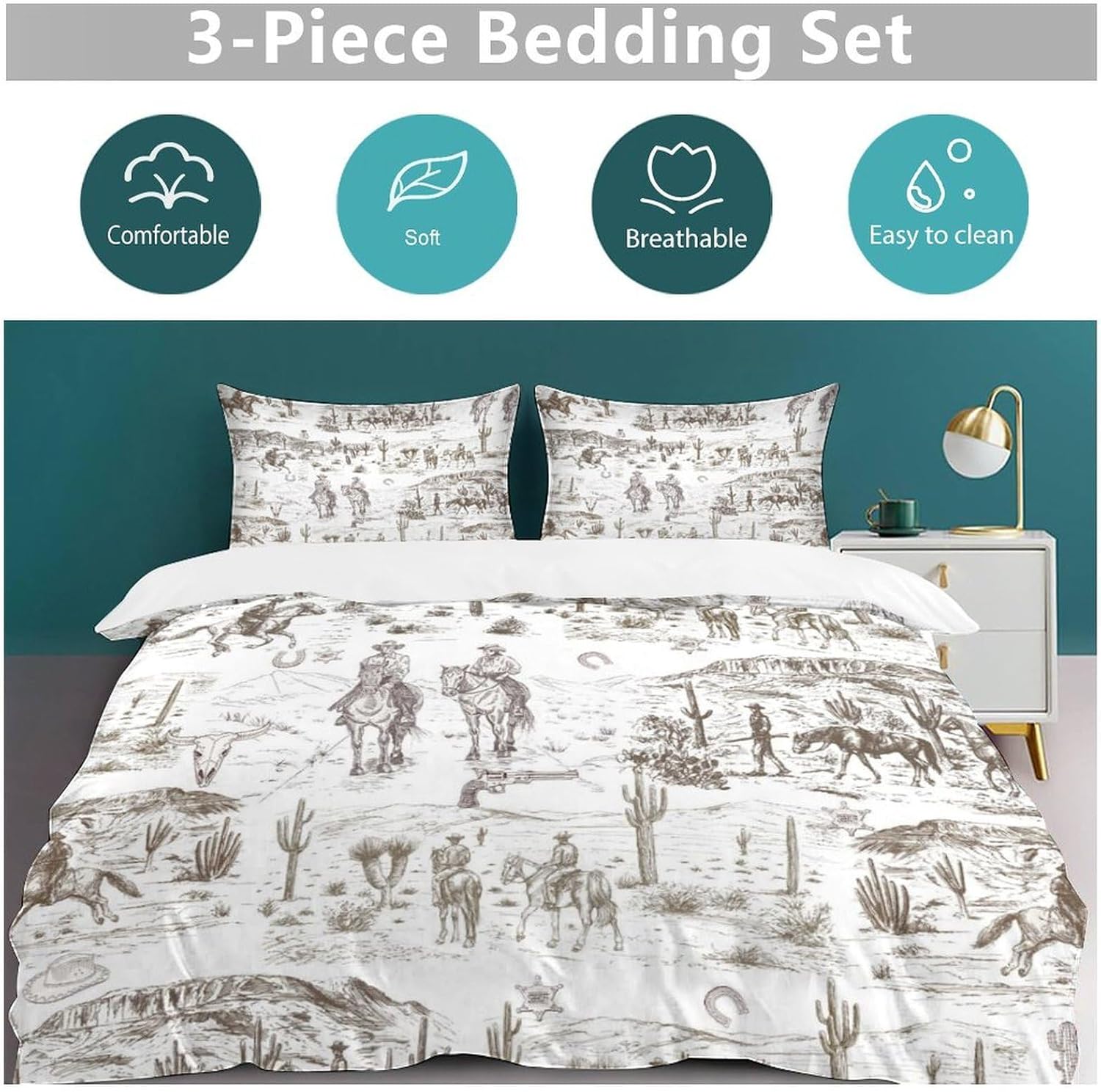 Cowboy Comforter Set Western Country Desert Simple Cowboy Horse Riding Adventure Lines Printed Bedding Set with 1 Comforter and 2 Pillowcases for Boys Kids Bedroom 79x90in (Without Liner) - Image 5