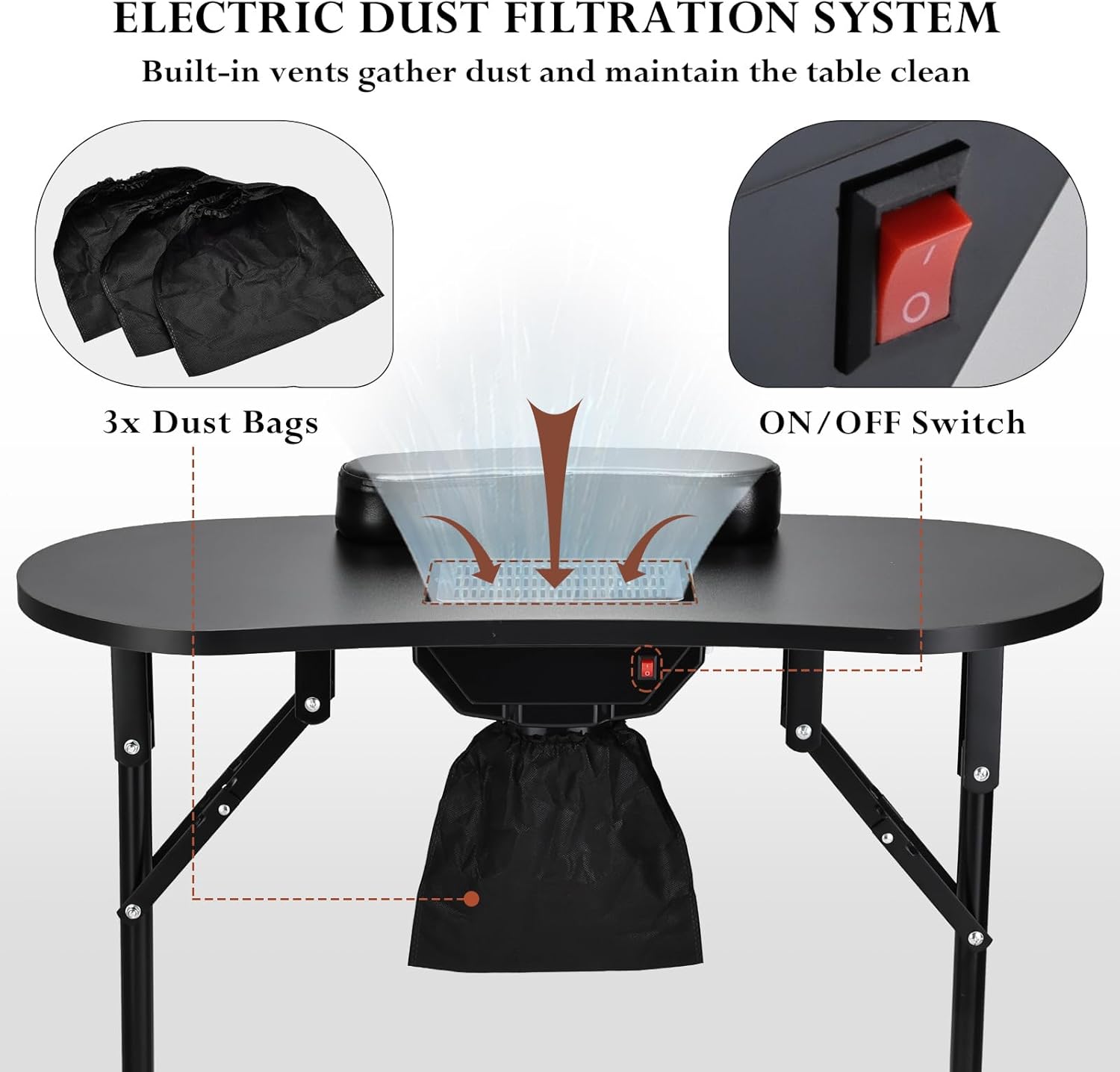 Rolling Makeup Train Case With 2 Extra Large Drawers, Nail Organizer, Foldable Table With Electric Dust Collector, Manicure Desk for Mobile Stylists, Artist Salon Cart Trunk - Black