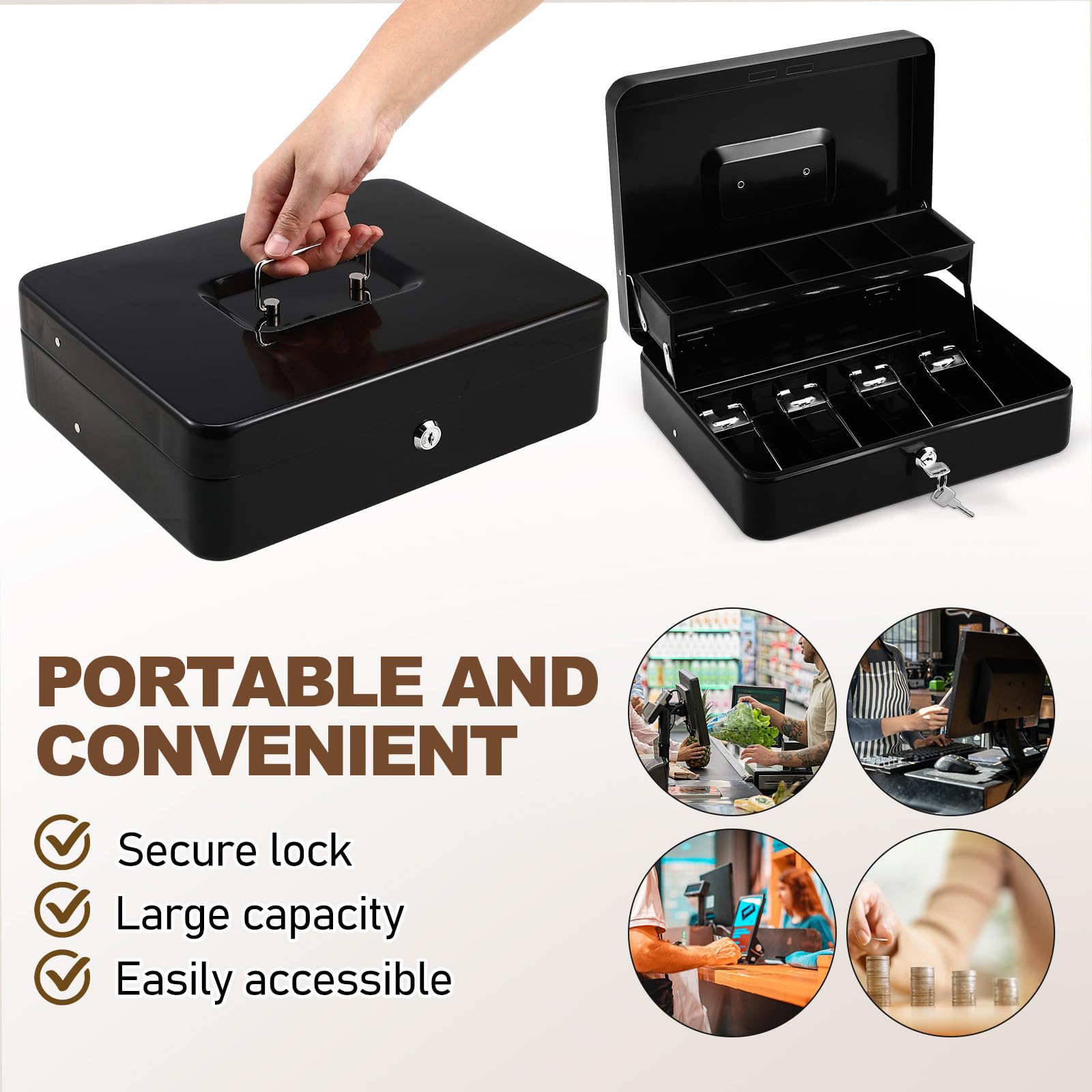 Caja de Dinero con Bandeja para Billetes y Monedas, Caja Registradora Portátil con Cerradura y Llaves para Uso Doméstico y Comercial