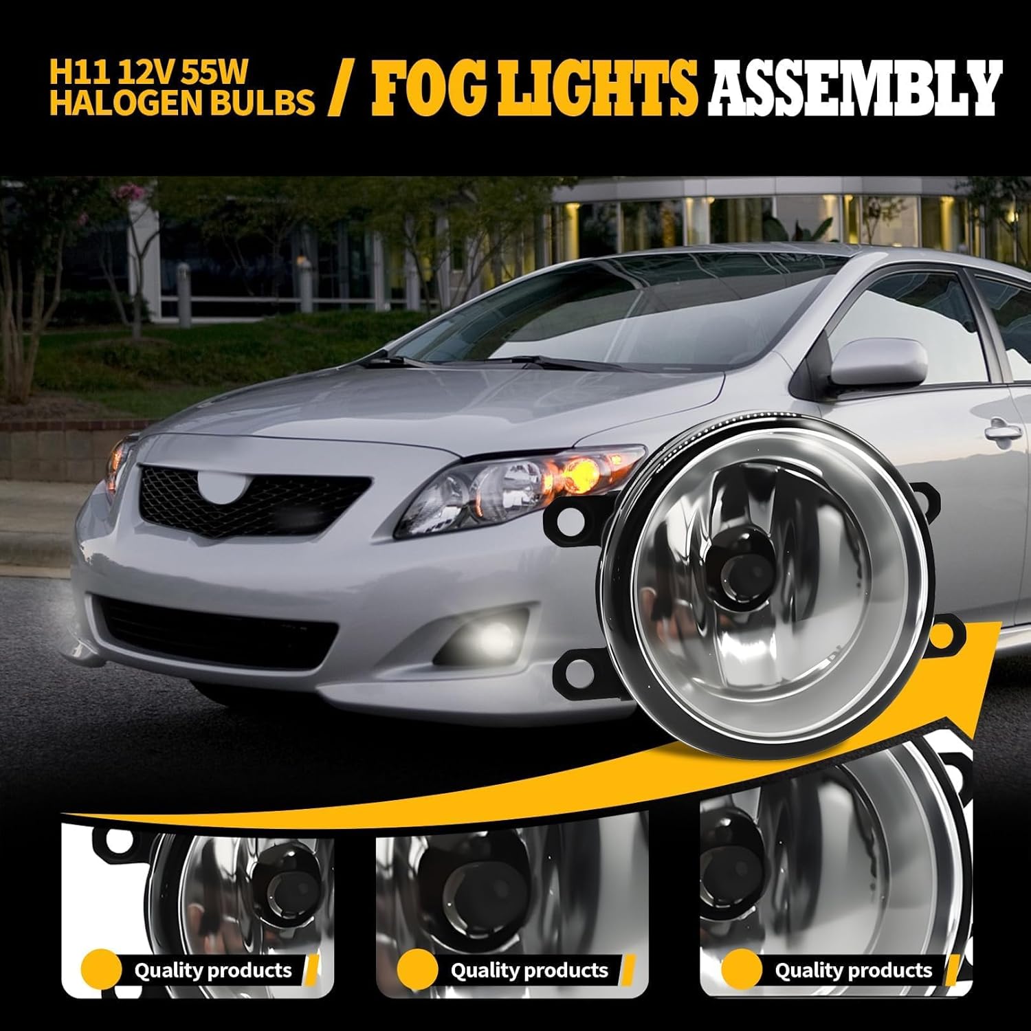 Pair Fog Lights Assembly Compatible with Corolla 2009 2010 Front Left and Right Side Fog Lamps w/H11 12V 55W Halogen Bulbs and Switch and Wiring Harness TO2593123 TO2592123