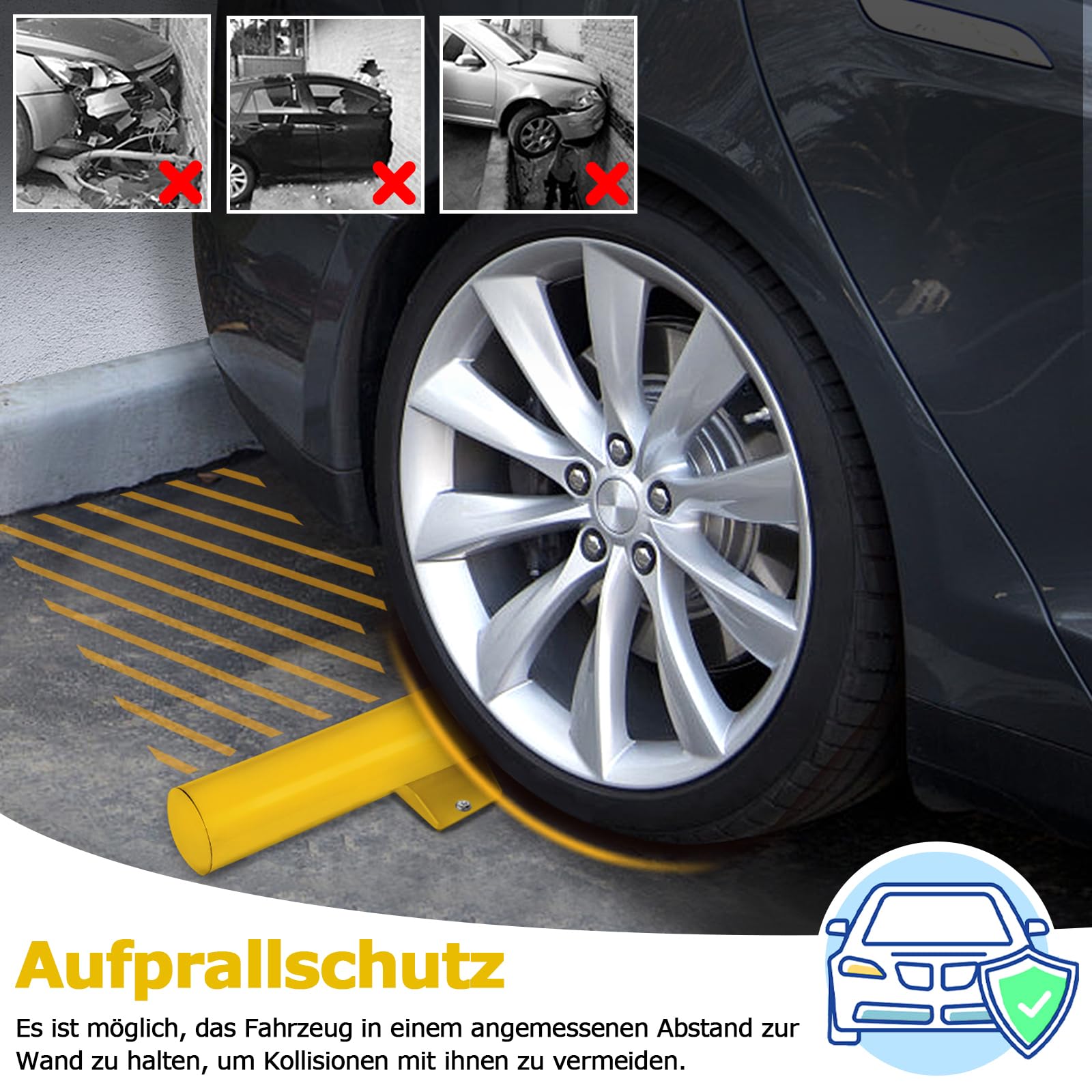UISEBRT Tope de garaje Anfahrschutz Radstopp-limitación de aparcamiento de acero Asistente de estacionamiento Tope de rueda para estacionamientos comerciales, privados, garajes, Negro-Amarillo