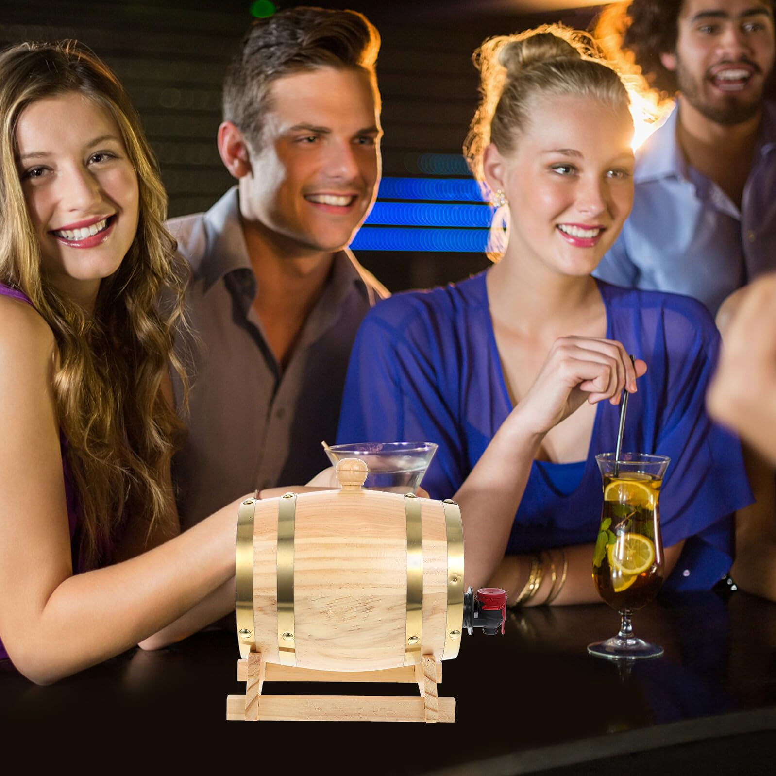 Housoutil Botte di Vino in Legno di Pino 08L Rubinetto e Base Stabile Dispenser per Vino e Birra Contenitore Decorativo per Casa Bar e Feste
