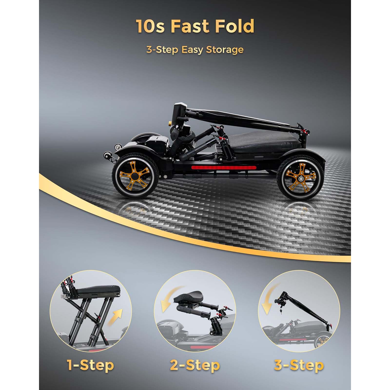 Scooter De Movilidad Plegable,Scooter De 4 Ruedas, Scooter De Viaje Portátil, para inválidos y Mayores - Batería de Larga duración, con Asiento Y Cesta,Negro