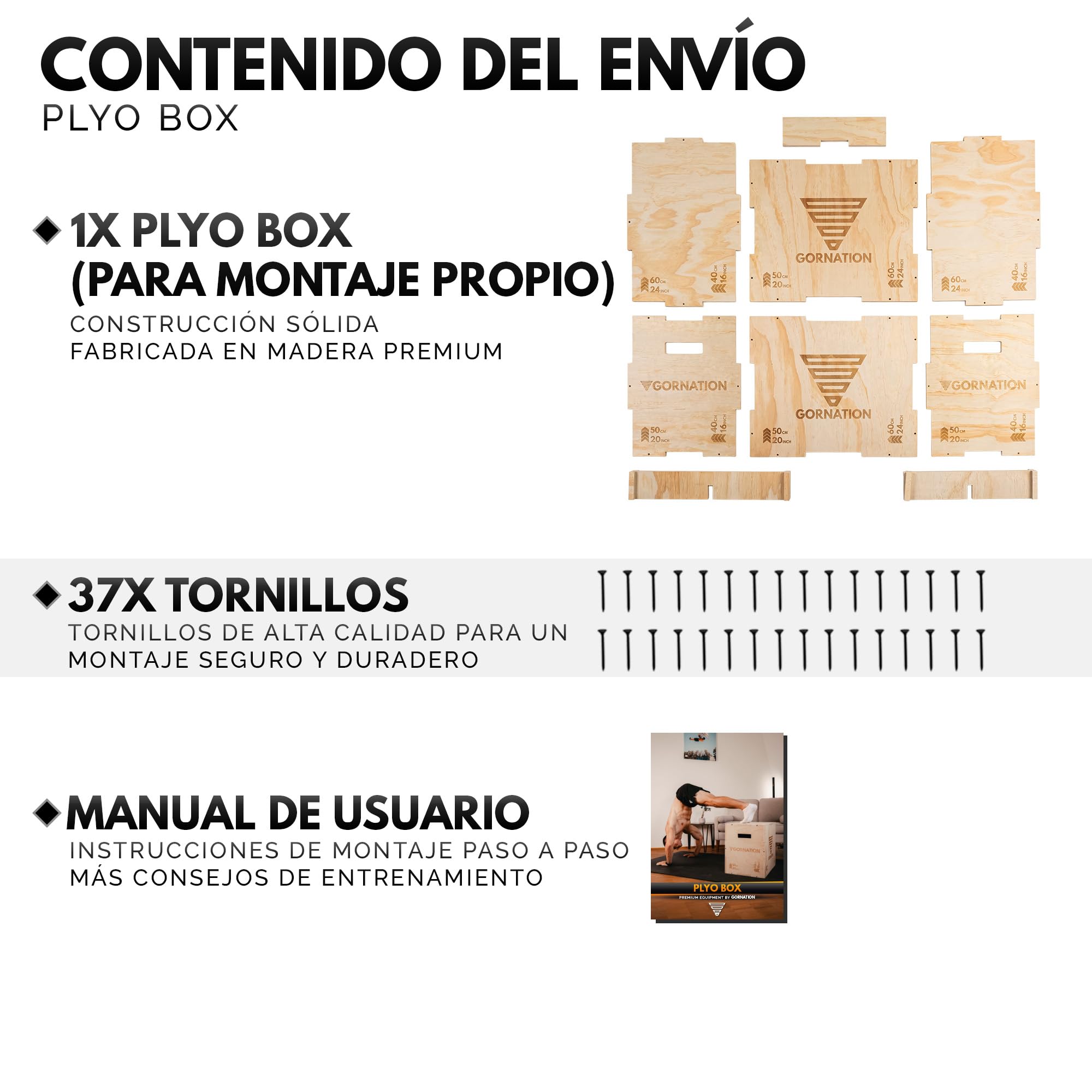 GORNATION Cajón Pliométrico 3 en 1 de Madera – Box Jump para Crossfit, Fitness y Entrenamiento en Casa, Caja de Salto Estable para Pliometría, Cardio, Functional Training y Home Gym