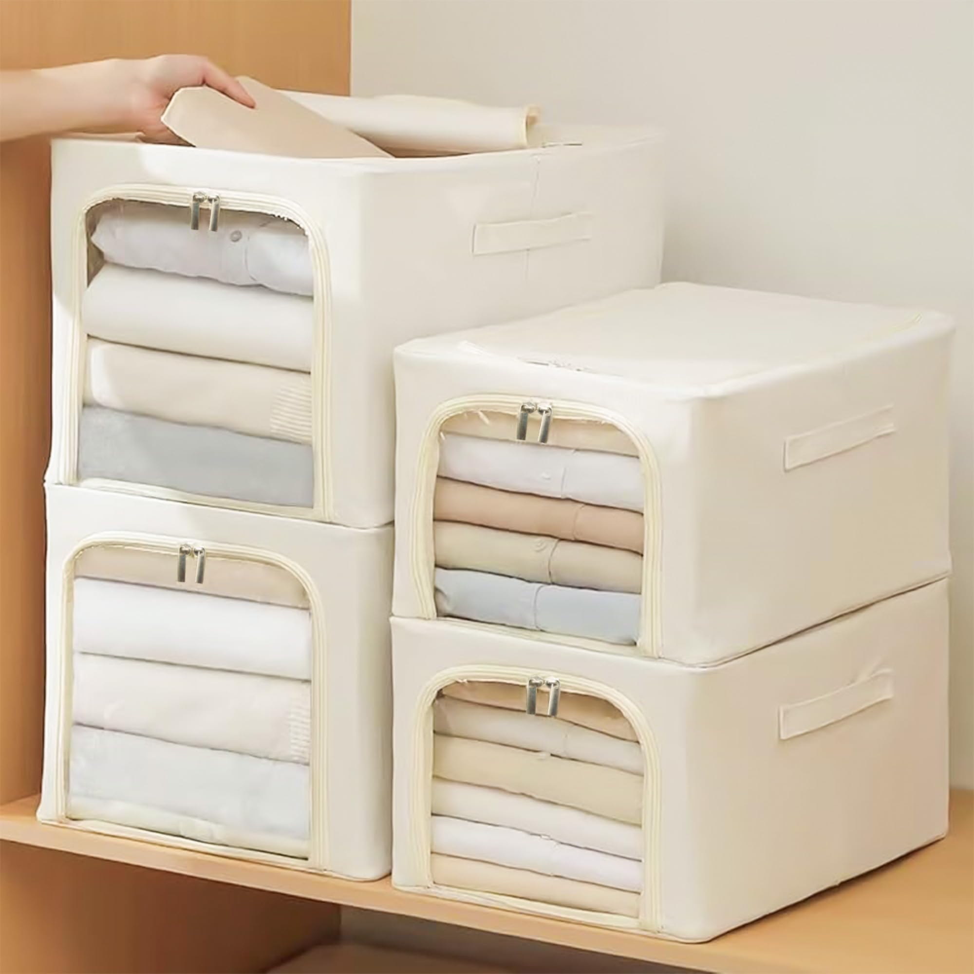 Yellow Weaves 3 Pcs Clothes Organizer for Wardrobe, Foldable, Stackable, Space Saver Closet Basket, Cupboard Almirah Organizer, Storage Box for Clothes (Ivory, Regular)-image-8