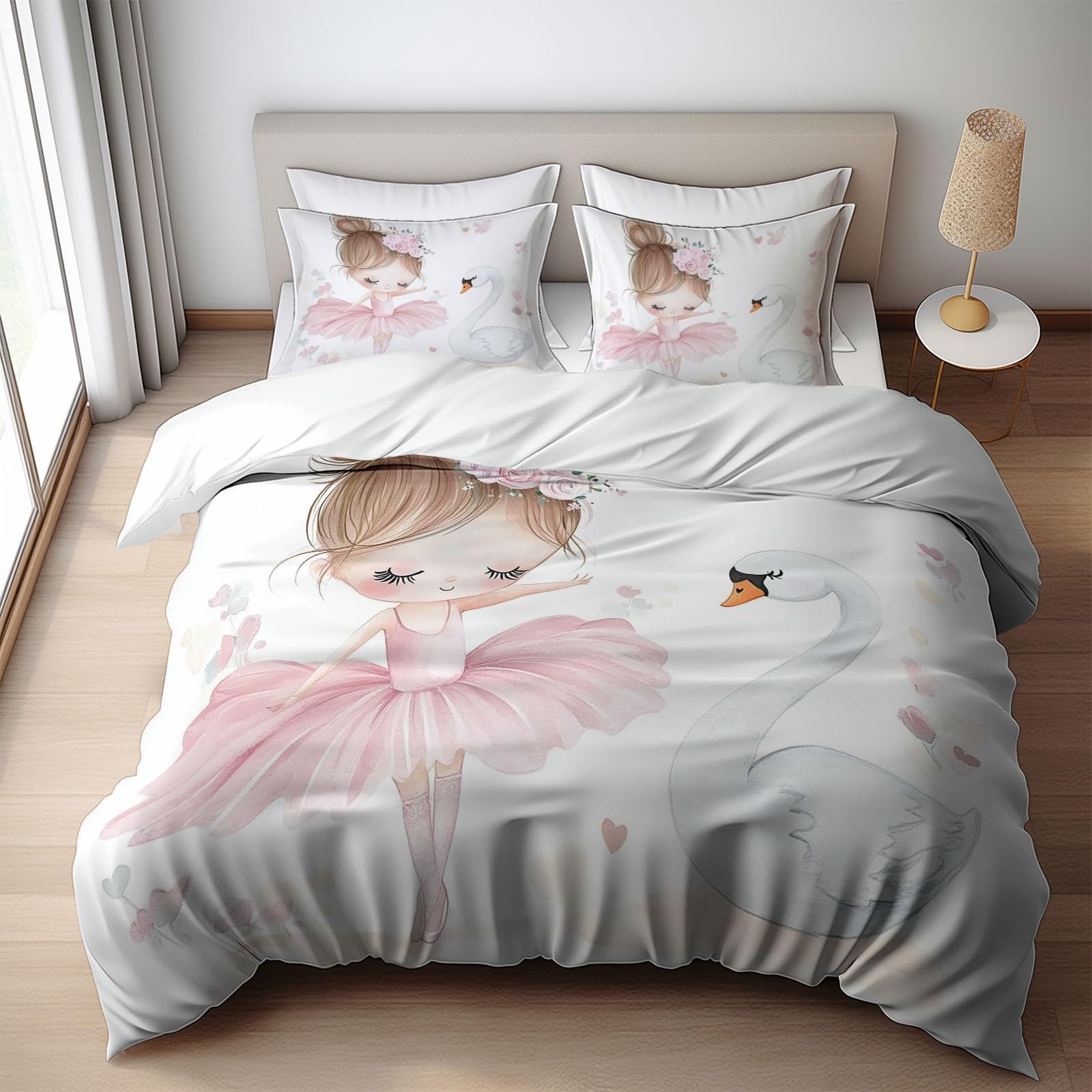 Funda Nordica Infantil para Cama 90 Cisne niña Dibujos Animados, Funda de Edredón Niña de Polialgodón, Juego de Ropa de Cama con Fundas Nordicas 150x200 cm 1 Funda de Almohada 50x75 cm