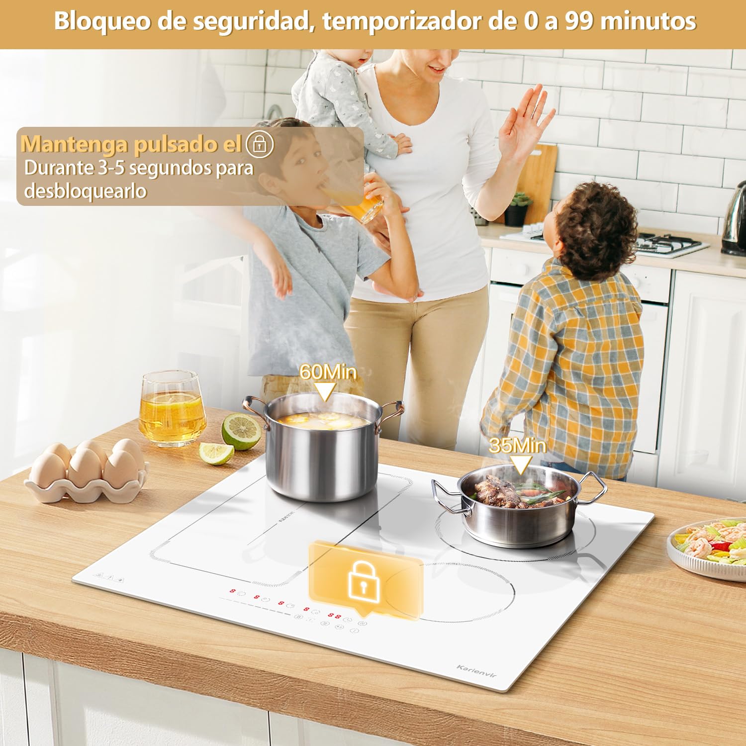 Placa de Inducción 4 Fuegos con Zonas Flexibles 60cm, Función Boost, Blanca