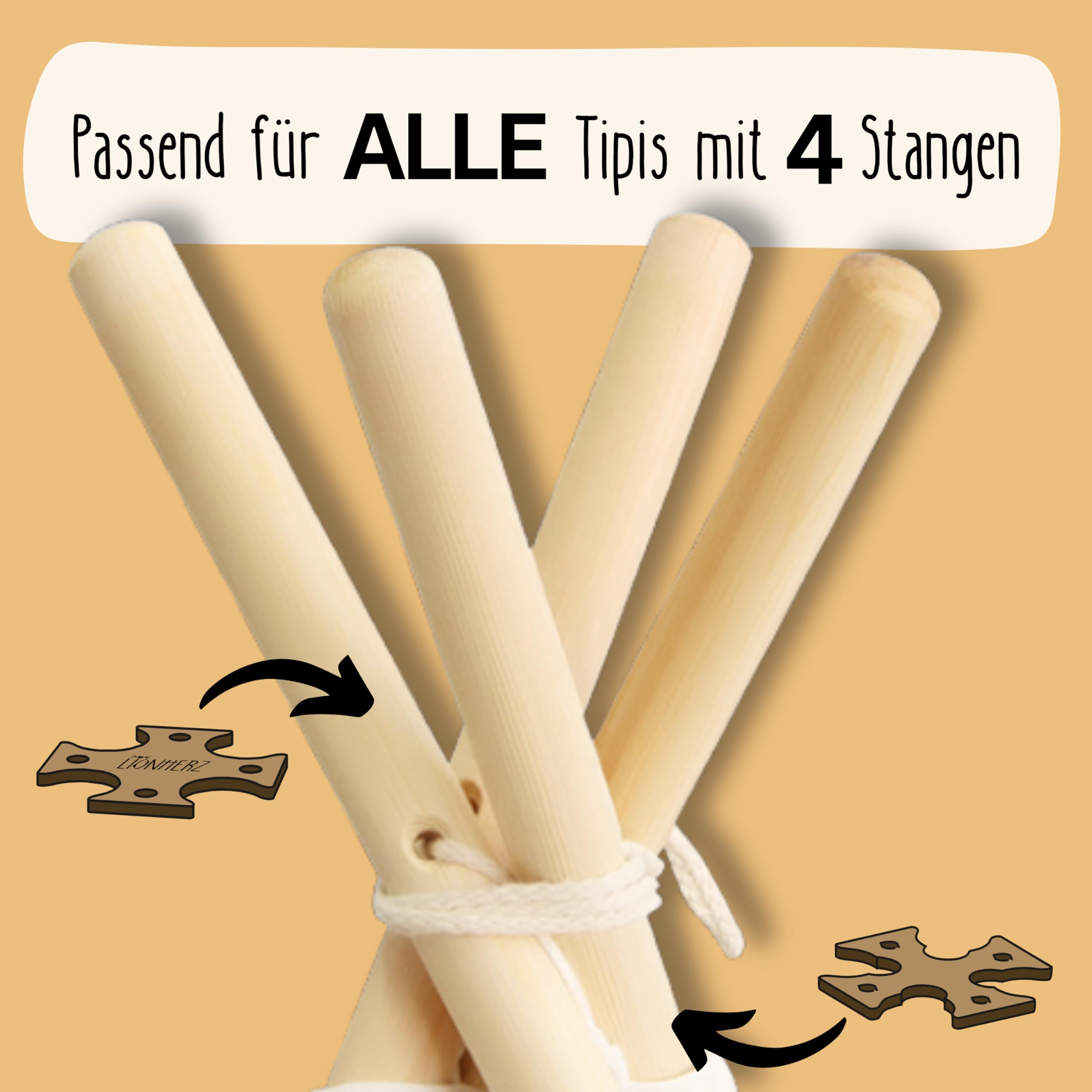 LIONHERZ® Tipi X - Stabilizzatore per tenda [Sistema anti-collasso] Stabilizzatore per ogni Tipi con 4 aste | Accessori per Tippi | 2 parti in legno più corda, senza piccole parti ingeribili per un