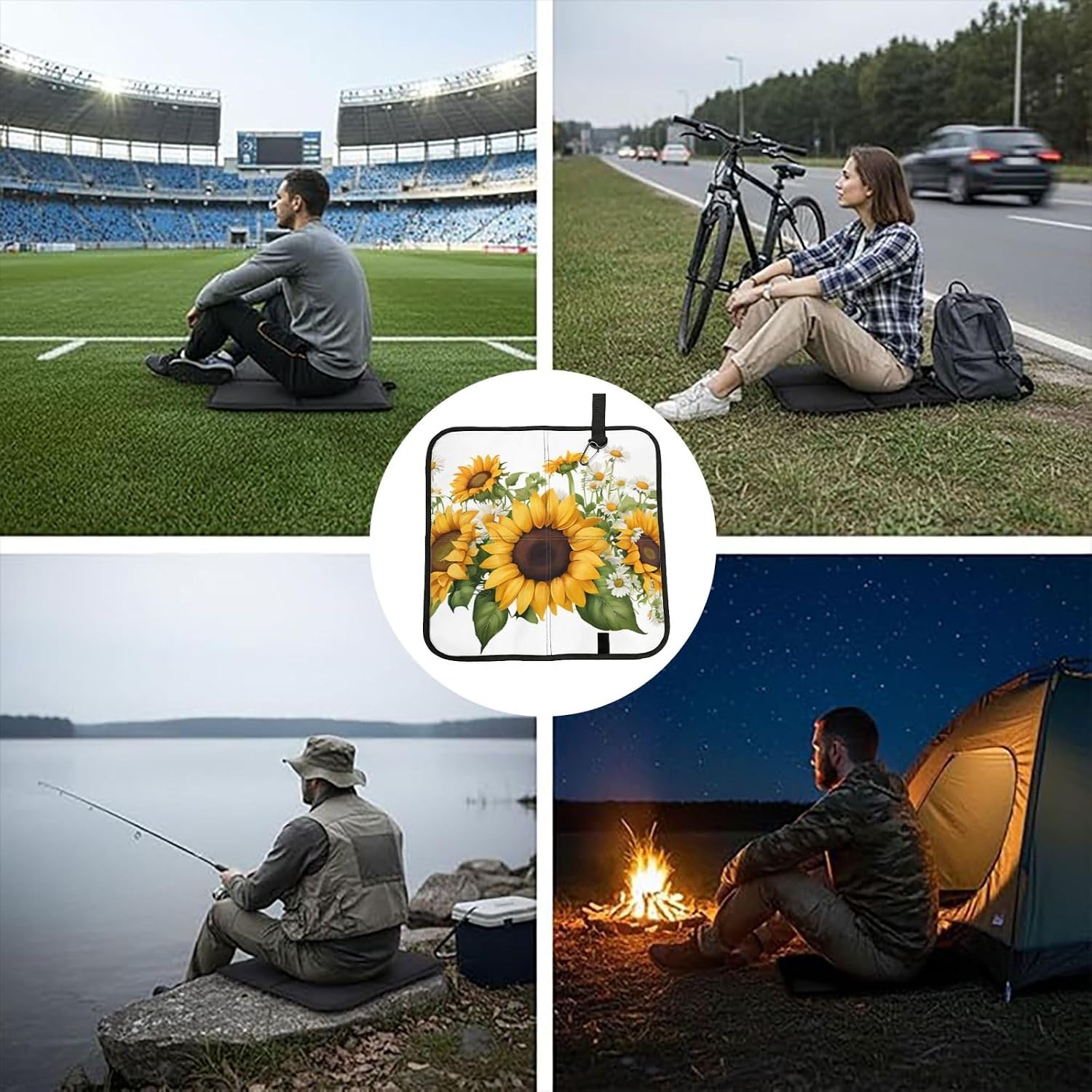 (Yellow Sunflowers and White Flowers) Sitting Pad Foldable Seat Cushion Lightweight Camping Seat Mat with Hook for Outdoor Hiking Picnic Camping