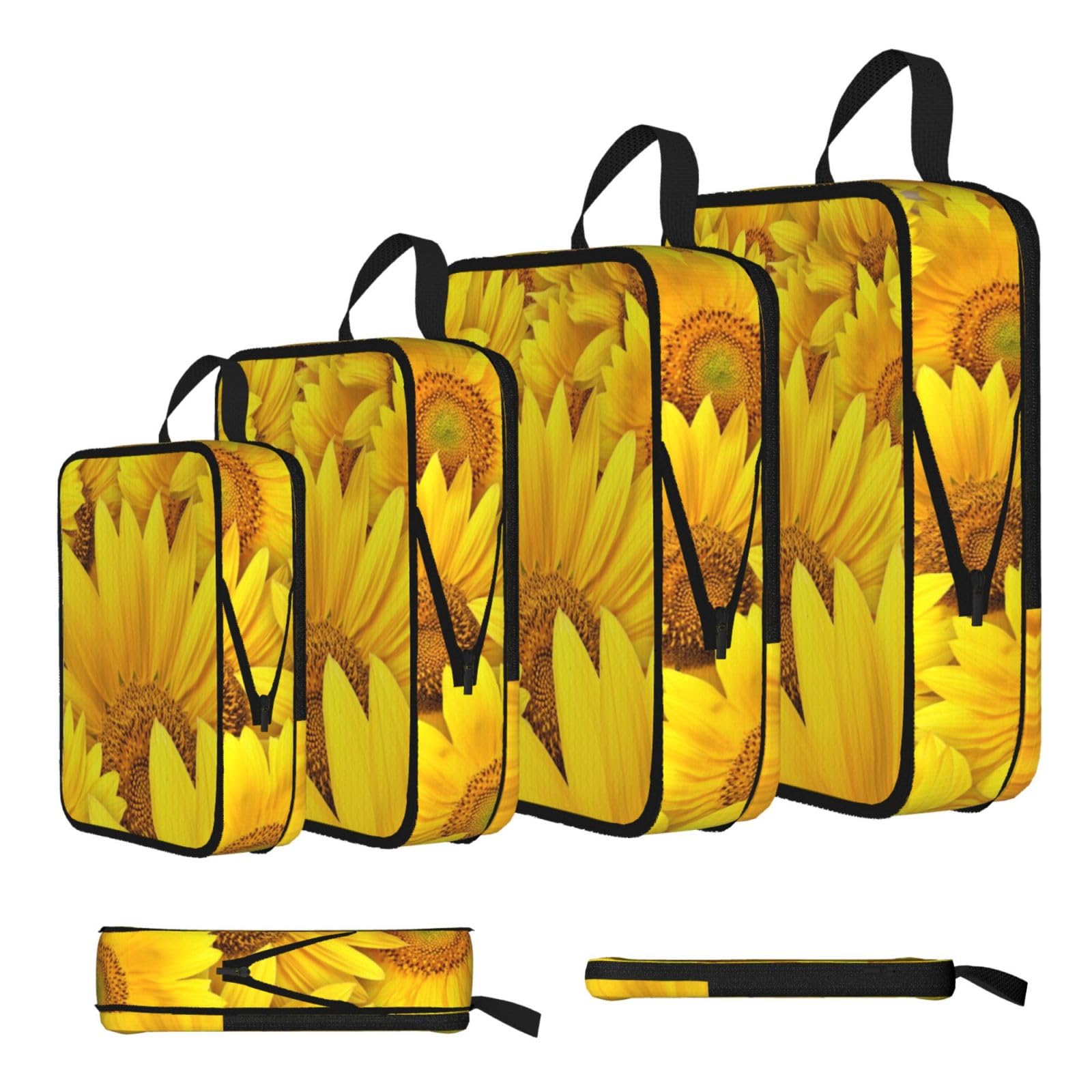 Sunflowers Print Compression Packing Cubes 4-Piece Set With Multi- Compartment Travel Bag, Waterproof Suitcase Organiser Bags
