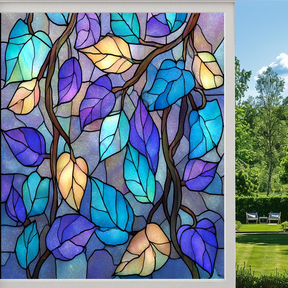 Colored Plants Privacy Window Film, Colorful Leaves Botanical Frosted Self-Adhesive Vinyl Cling for Glass Doors Bathroom Windows Sun Blocking Heat Control, （55x100cm）