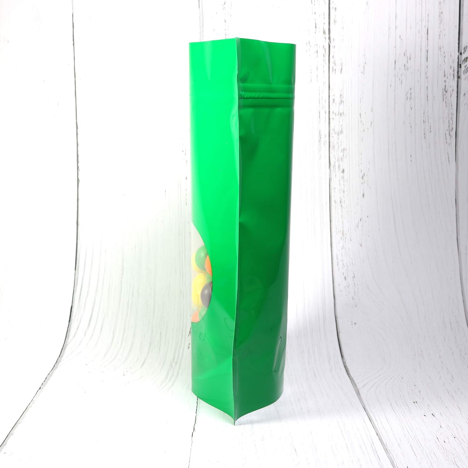 Double-Sided Matte/Glossy Color with Clear Round Window Stand-Up Pouch (100 Bags/Pack) (4" x 6.3", Glossy Green)