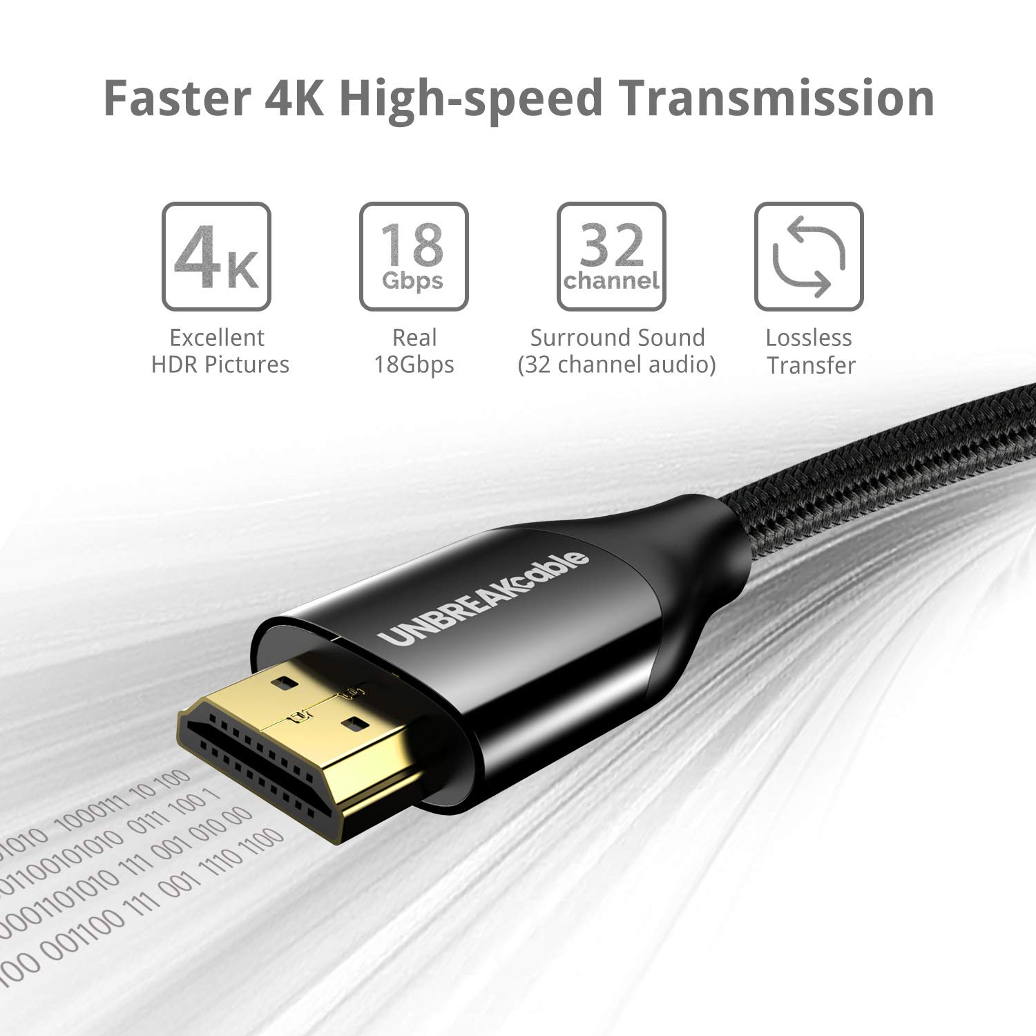 UNBREAKcable HDMI Cable, Ultra-HD/UHD 4K HDMI 2.0 Cable [18Gbs with Ethernet and Audio Return] Gold Plated Connectors and High-Strength Braided Nylon HDMI Cord, 6.6ft/2M, Black