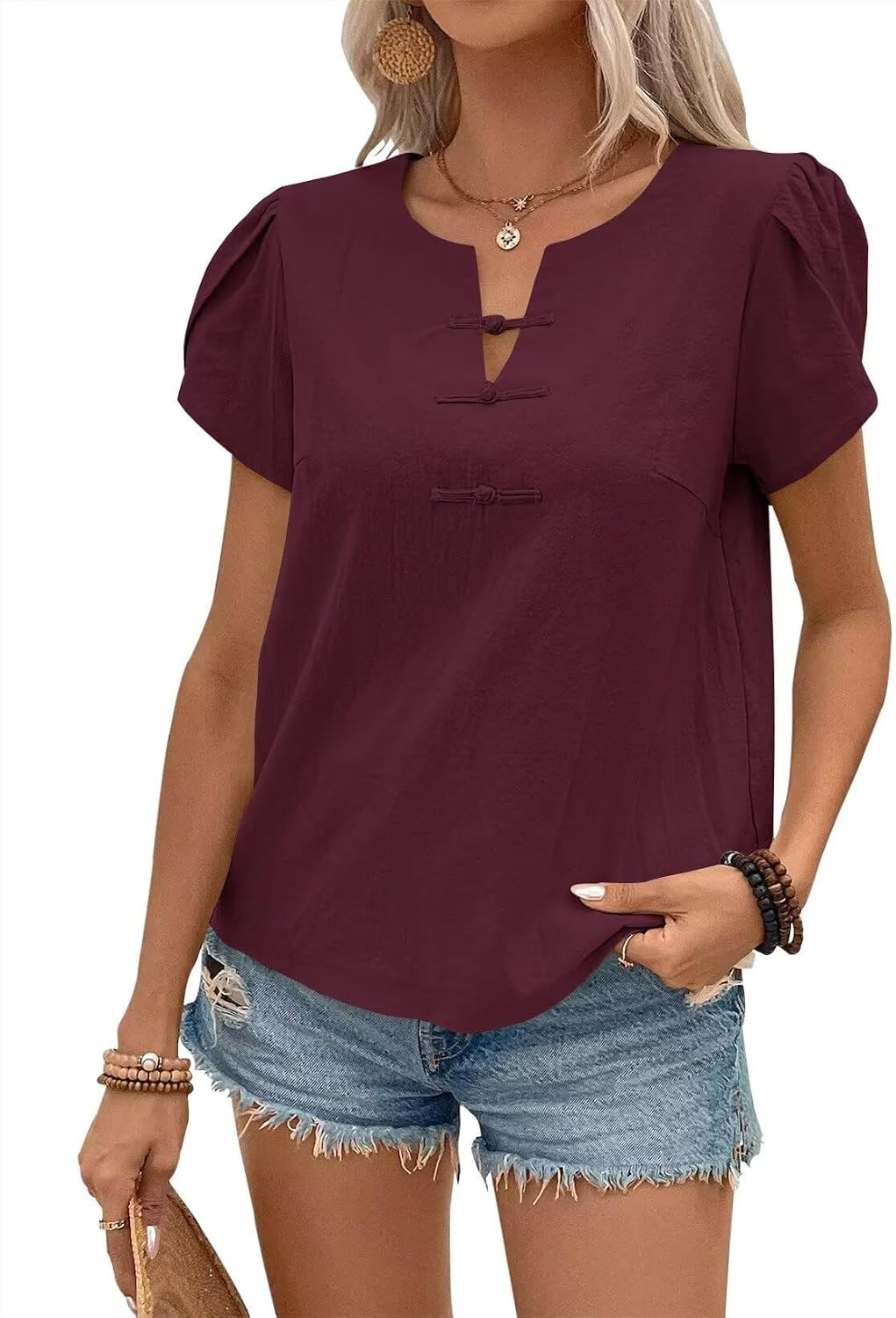 Falechay Womens Short Sleeve Tops Petal V Neck Blouses Dressy Casual 2026 Trendy Henley Shirts