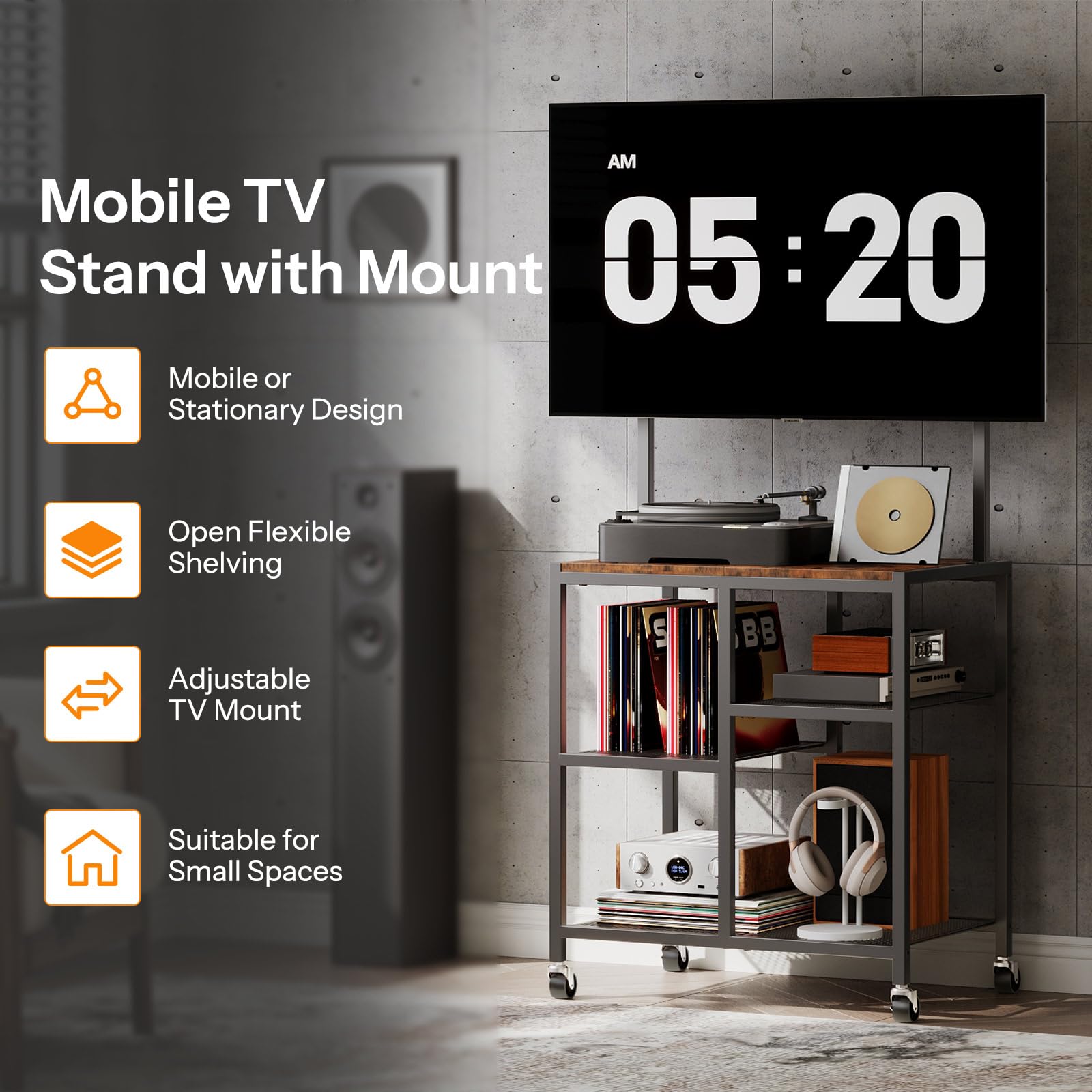 HOOBRO Mobile TV Stand on Wheels, Rolling TV Stand with Storage Shelves for 23-50 Inch TVs, Rolling Entertainment Center for Small Space, Living Room, Bedroom, Study, Rustic Brown EBF37DS01 — view 4