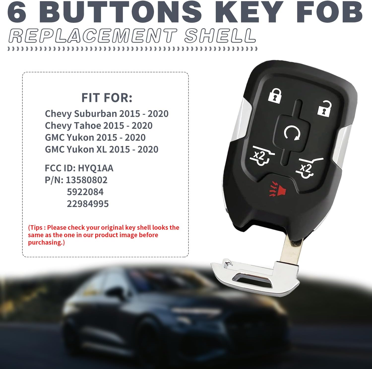 6 Button Key Fob Shell Replacement Fits for Chevy Suburban Tahoe GMC Yukon XL Denali HYQ1AA 2015 2016 2017 2018 2019 2020 Keyless Entry Remote Control Smart Car Key Fob Case Cover