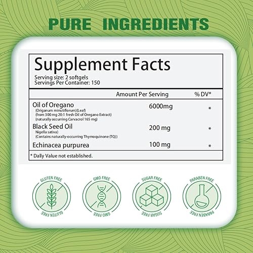Miniatura 3 de Aceite de orégano de 6000 mg con 200 mg de aceite de semilla negra y 100 mg de equinácea, cápsulas de suplemento de orégano 3 en 1 para la salud
