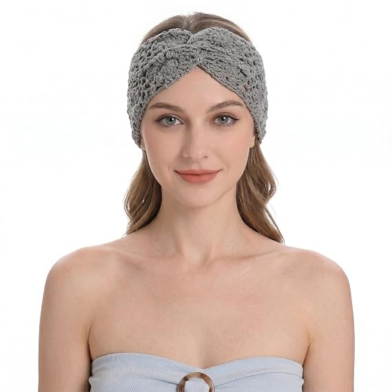 ZLYC Women Headband Handmade Crochet Boho Hair Band,Twist Knotted Gray