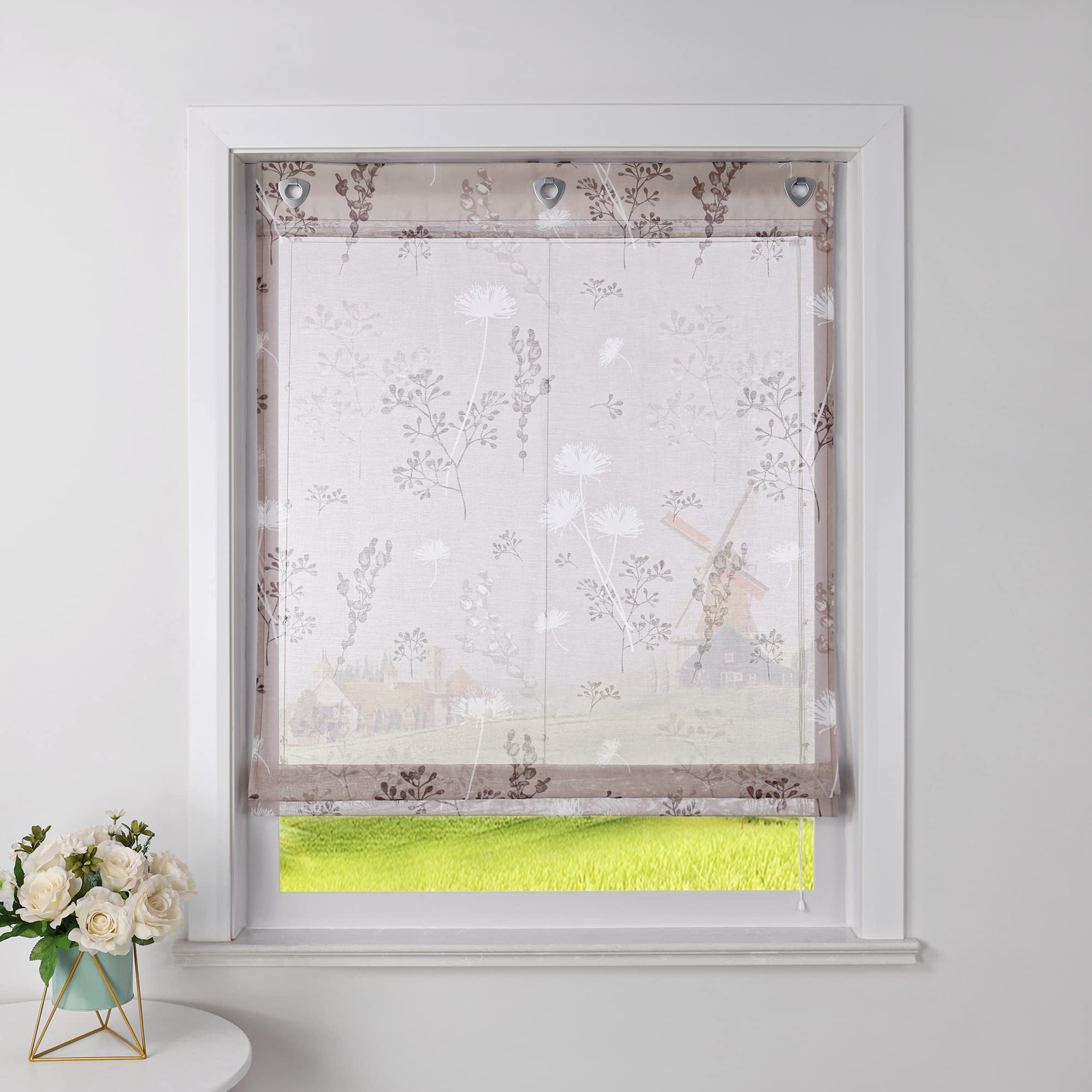 Raffrollo ohne Bohren mit Hakenaufhängung Raffgardine Küche Ösenrollo Leinenoptik mit Löwenzahnmuster Transparente Rollos Kurz Vorhang Landhaus B/H 100/140 cm Braun