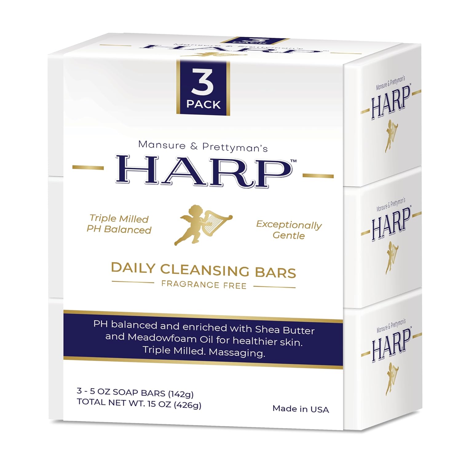 HARP® Fragrance Free Body Wash Bar – pH Balanced (5.0–6.0) Syndet Cleanser, No Lye, Non-Comedogenic, Gentle for Sensitive & Dry Skin, With Shea Butter & Borage Oil. 3-5oz Bars.