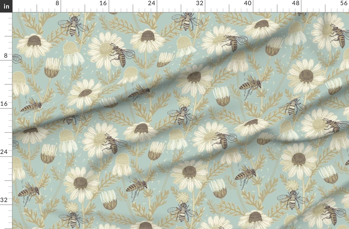 Spoonflower Fabric - Neutral Bee Grass Cottage Summer Blue Ivory Printed on Organic Cotton Sateen Fabric by The Yard - Sewing Quilting Apparel Home Decor