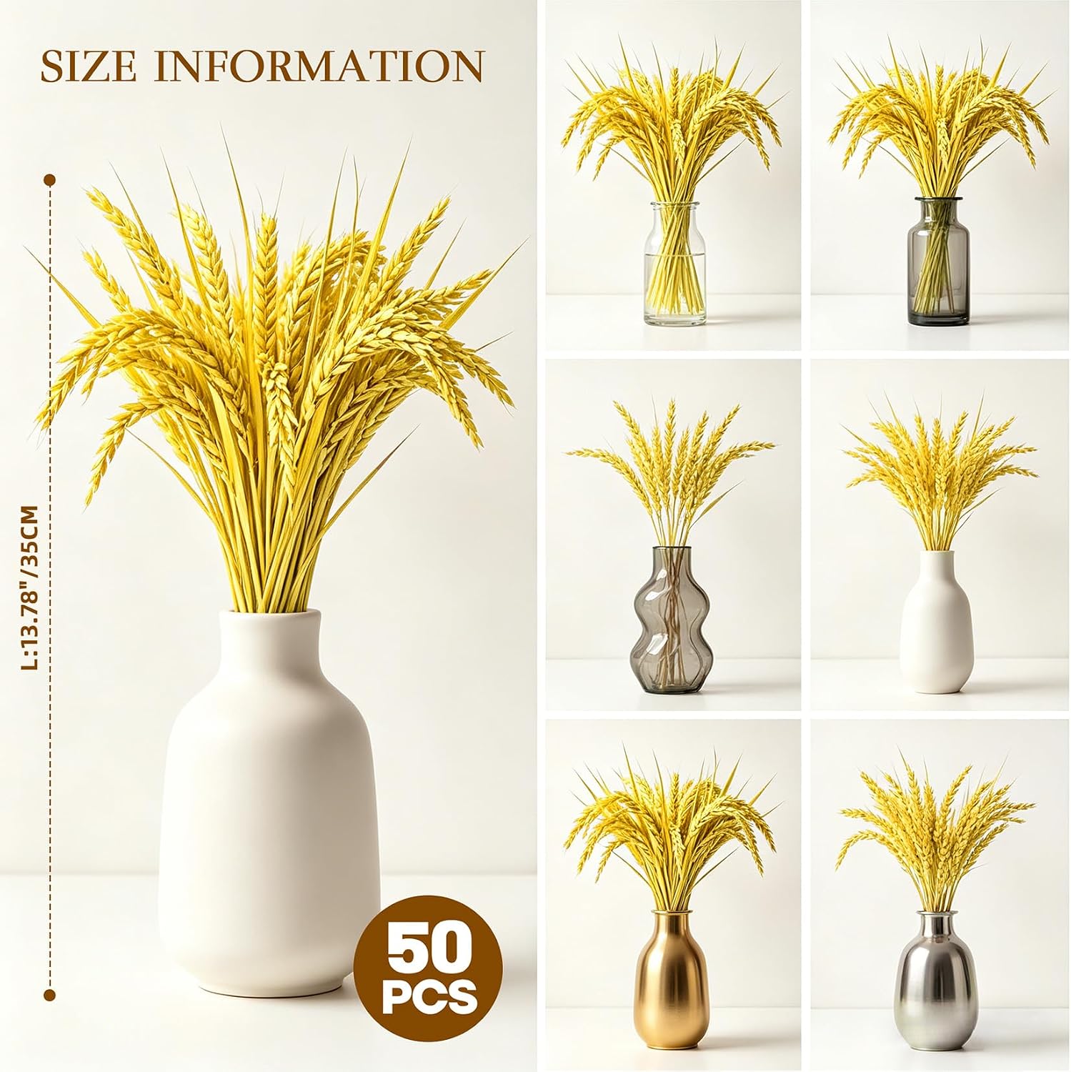 RAINFLOW Dried Wheat Stalks - Natural Wheat Decor for Fall and Thanksgiving Decorations 50PCS 13.78in Wheat for Vase, Table Centerpieces, Farmhouse Styling and Farmers Market Decor
