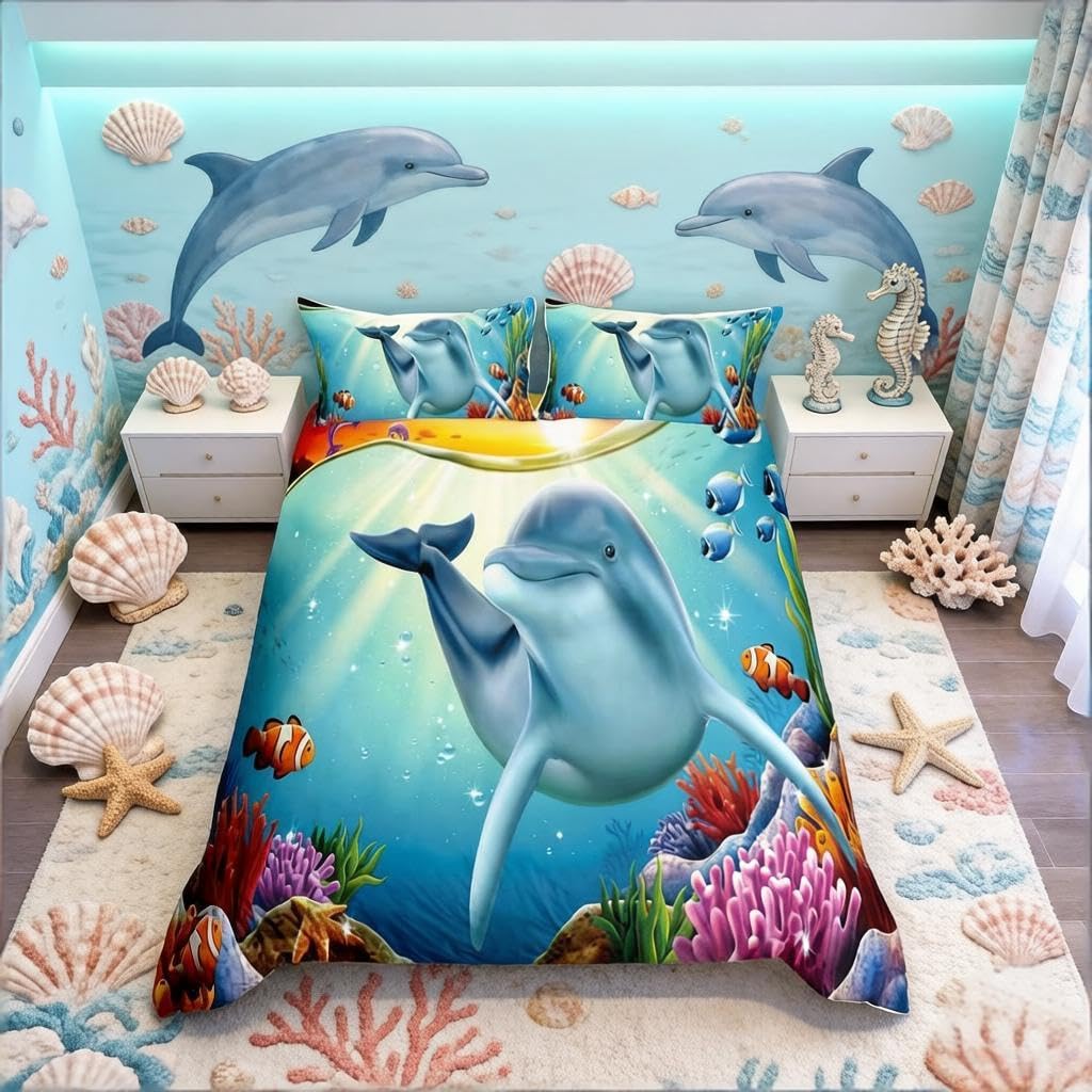 Loussiesd Ocean Duvet Cover Cartoon Dolphin Fish Coral Bedding Set for Kids Boys Girls Sea Animal Print Comforter Cover Underwater World Bedspread Cover Bedroom Collection 2Pcs Junior/Cot Bed Size