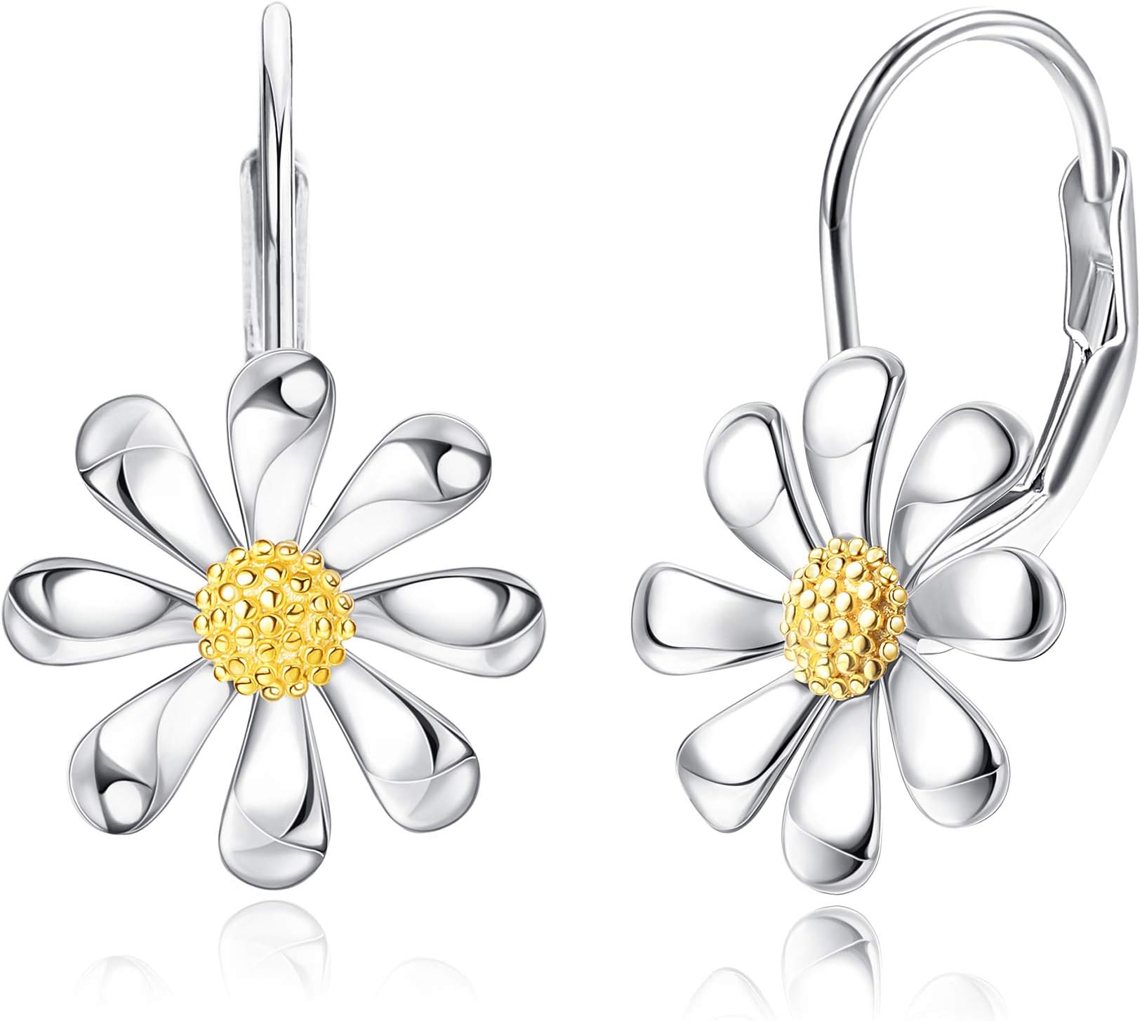 925 Sterling Silver Daisy Earrings 18K White Gold Plated Leverback Earrings Daisy Flower Drop Dangle Earrings Hypoallergenic Flower Jewelry Gifts for Women for Sensitive Ears Valentine's Day Mother's Day Jewelry Gifts