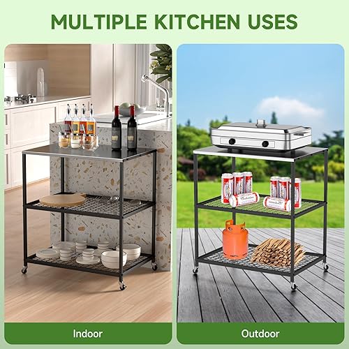 Miniatura 6 de Homezelle Carrito de parrilla al aire libre, mesa de parrilla de tres estantes con ruedas, acero inoxidable, soporte para horno de pizza, carrito de