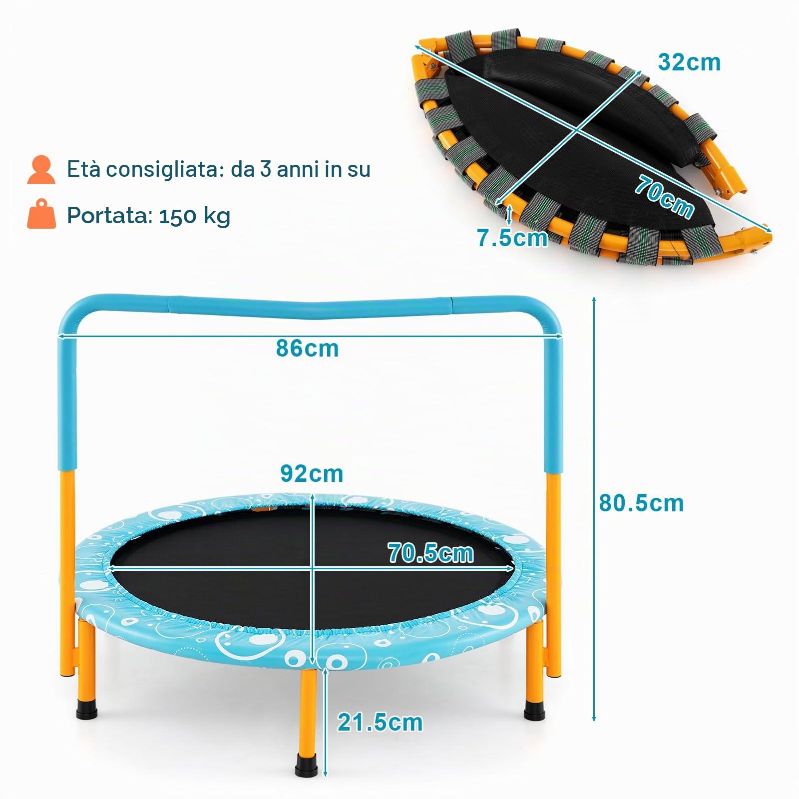 LIFEZEAL Trampolino Elastico per Bambini 3-10 Anni, Ø92x81cm, Mini Trampolino per Interno, Salta, Jump, con Maniglia e Gambe Rimovibili, Sicuro, Pieghevole, Telaio in Metallo, Regalo, Max 150kg