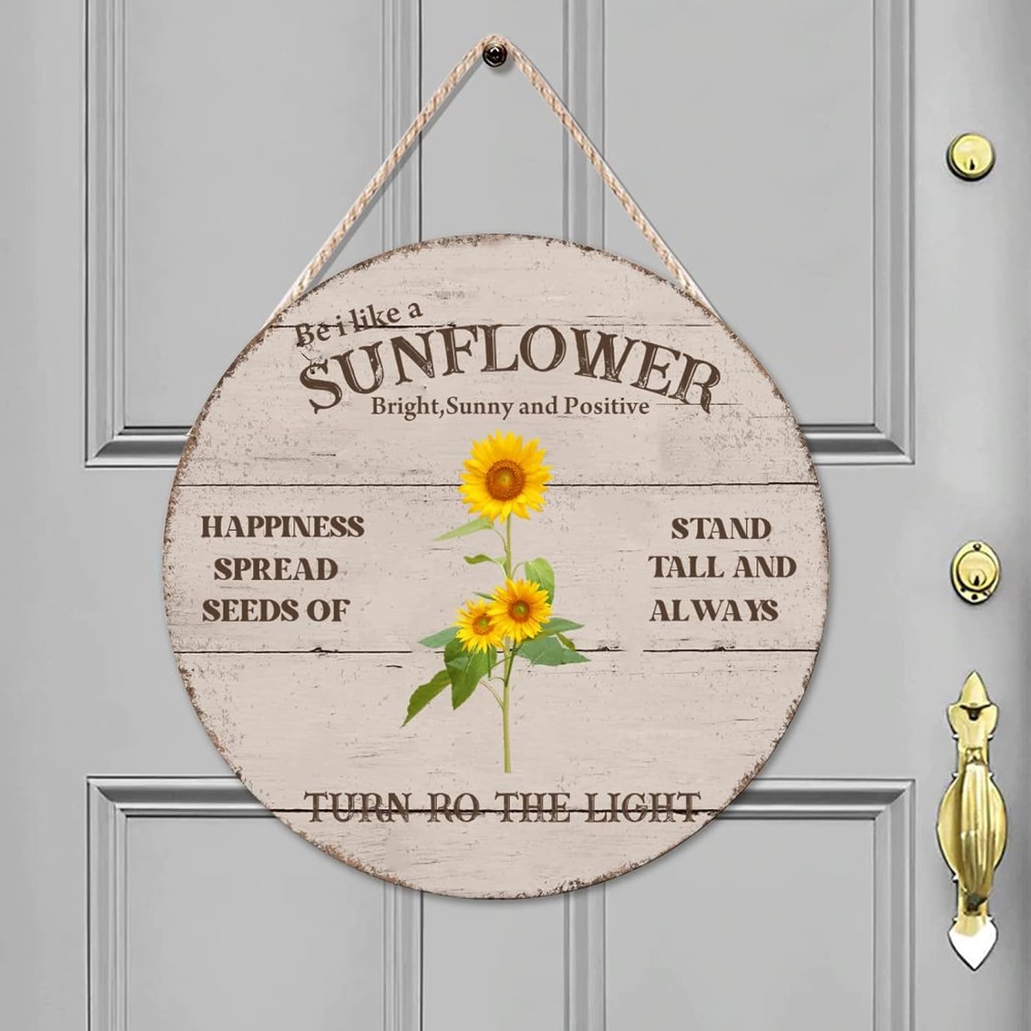 Wood Grain Front Door Round Wood Sign, Sunflower Wood Door Sign, Happiness 16x16in Wall Door Hanging Sign for Outdoor Front Porch Farmhouse Front Door Decor Housewarming Gifts