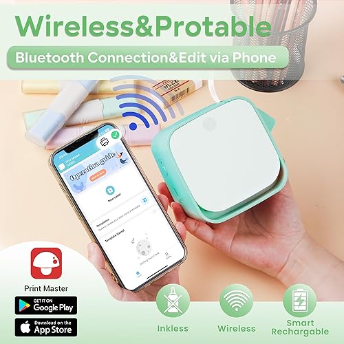 Miniatura 2 de Vixic Máquina etiquetadora M960, mini etiquetadora portátil verde, etiquetadora Bluetooth para teléfono inteligente para el hogar, oficina, escuela,